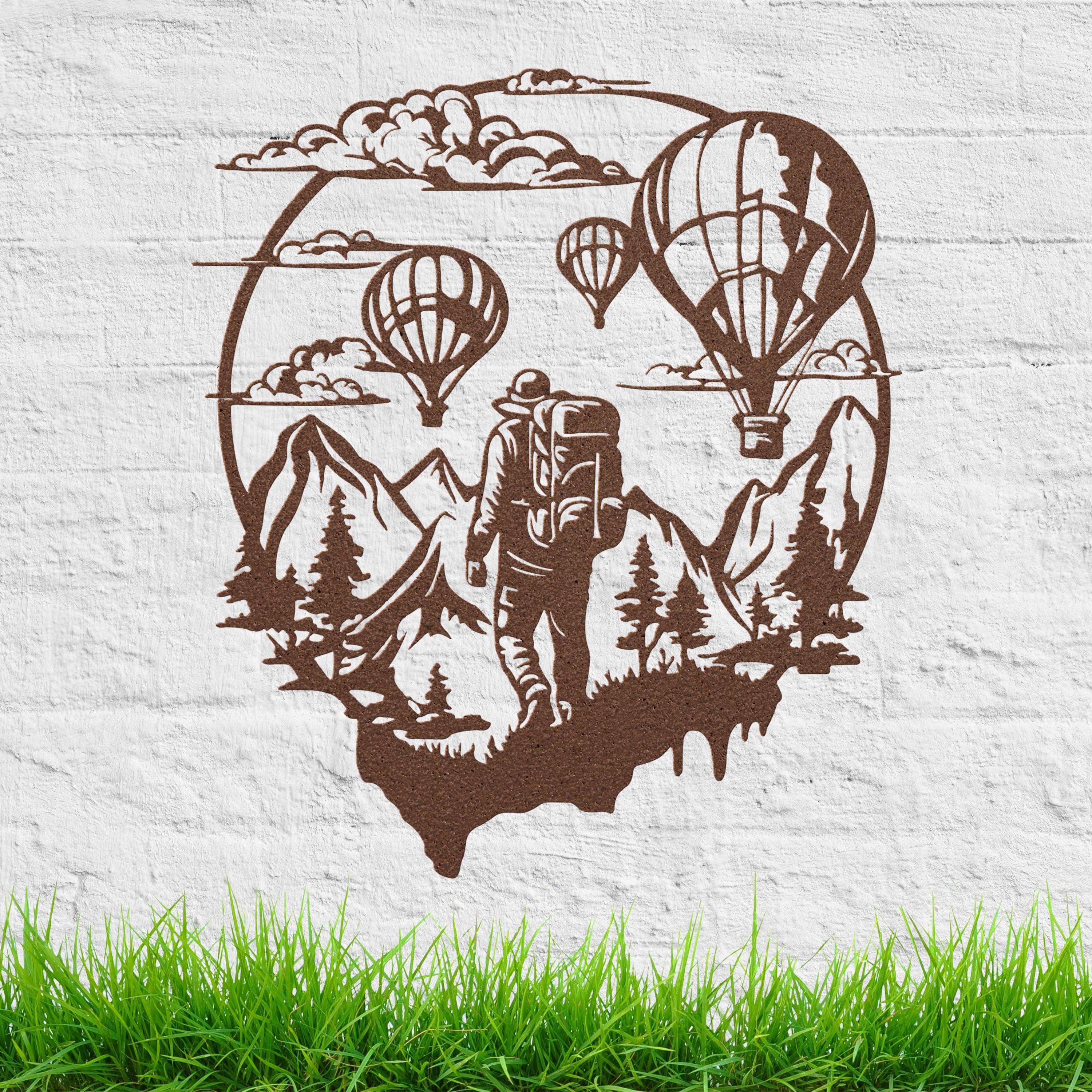 Adventure Hiker Hot Air Balloon Metal Wall Art | Travel Nature Scene Decor | Black Die-Cut Mountain Home Gift