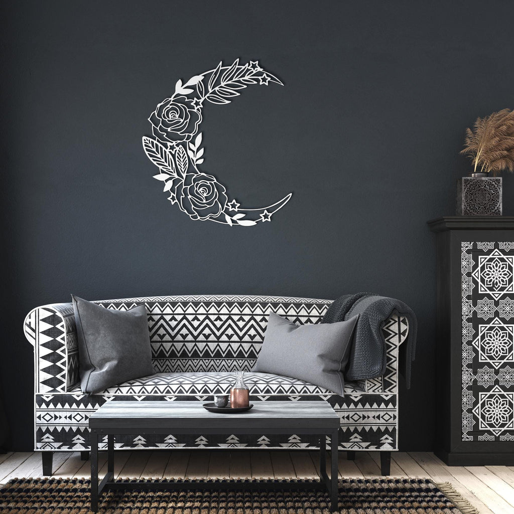 Floral Crescent Moon Metal Wall Art | Rose and Stars Witchy Decor | Boho Nursery Bedroom Sign