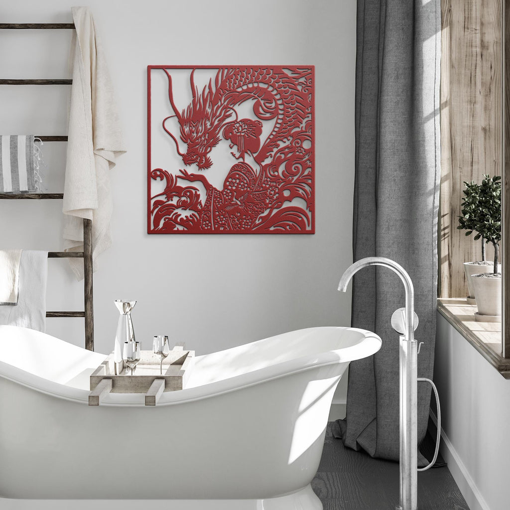 Dragon and Geisha Metal Wall Art, Japanese Floral Decor, Oriental Mythical Sign, Kimono Art
