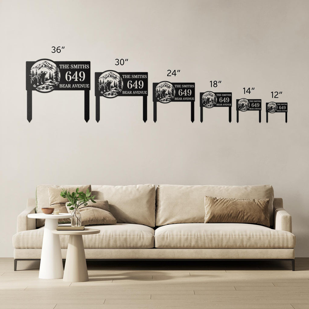 Personalized Metal Sign - Rustic Bear Themed House Number Plaque | Durable Steel Yard Stake