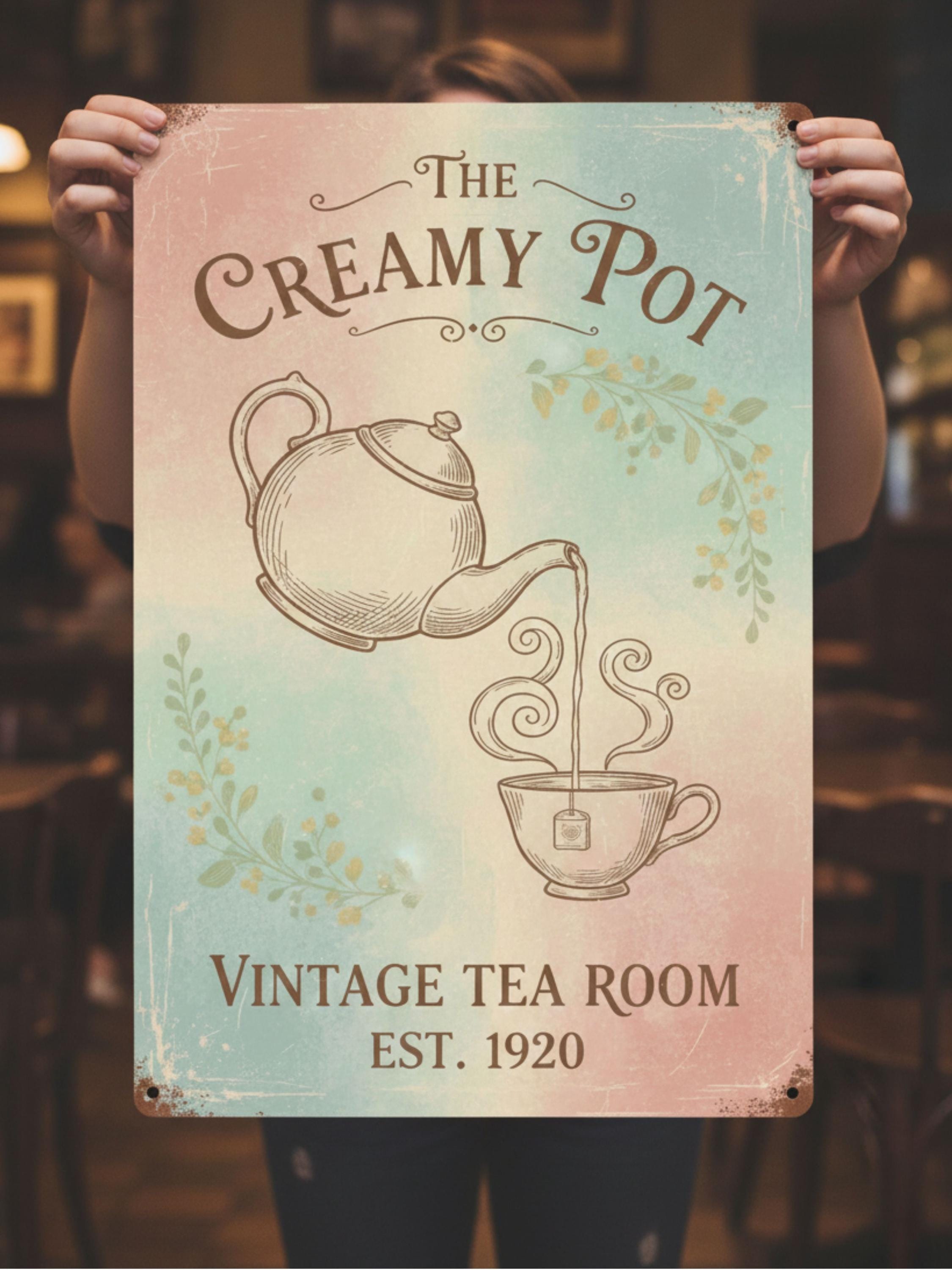 Vintage Tea Room Sign - Custom Metal Sign | Floral Tea House Decor & Kitchen Wall Art