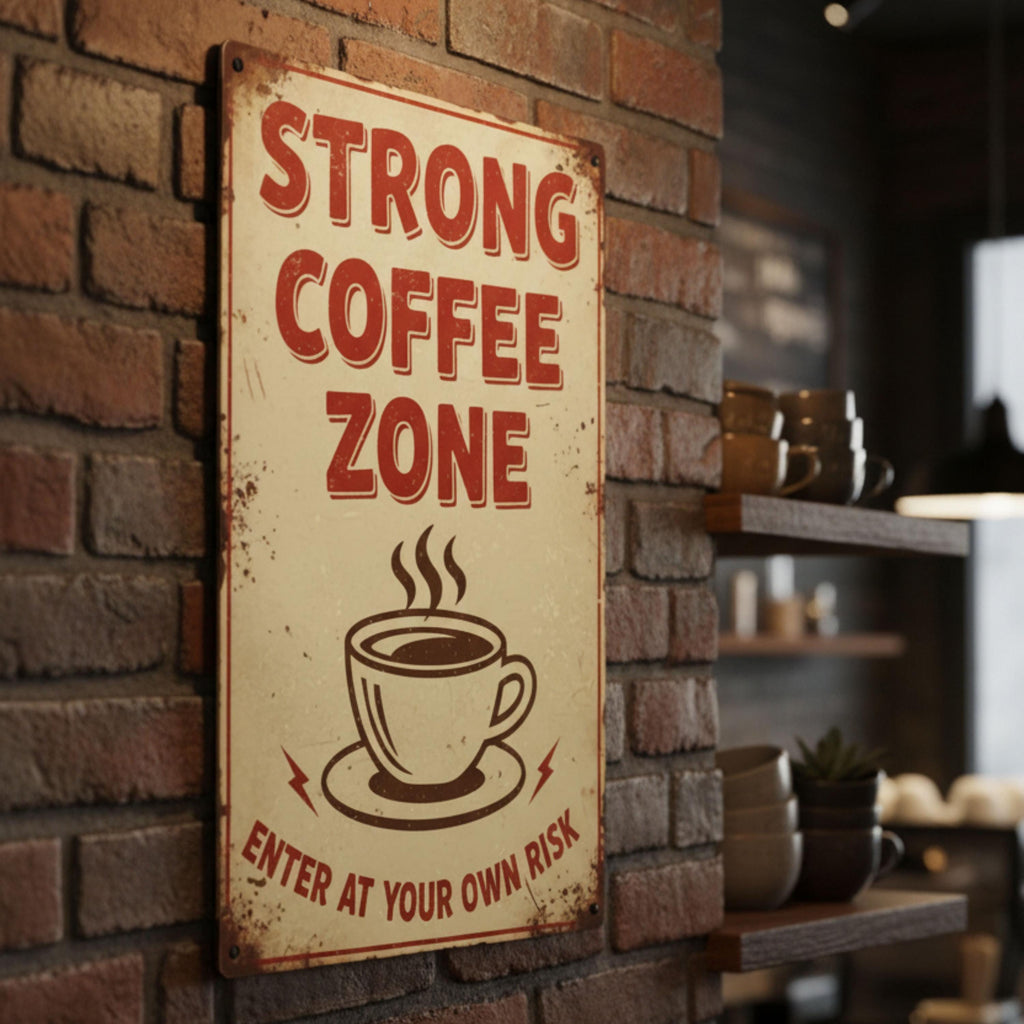 Strong Coffee Zone Metal Sign, Funny Warning Plaque, Retro Cafe Decor, Enter at Your Own Risk, Barista Gift, Distressed Kitchen Wall Art
