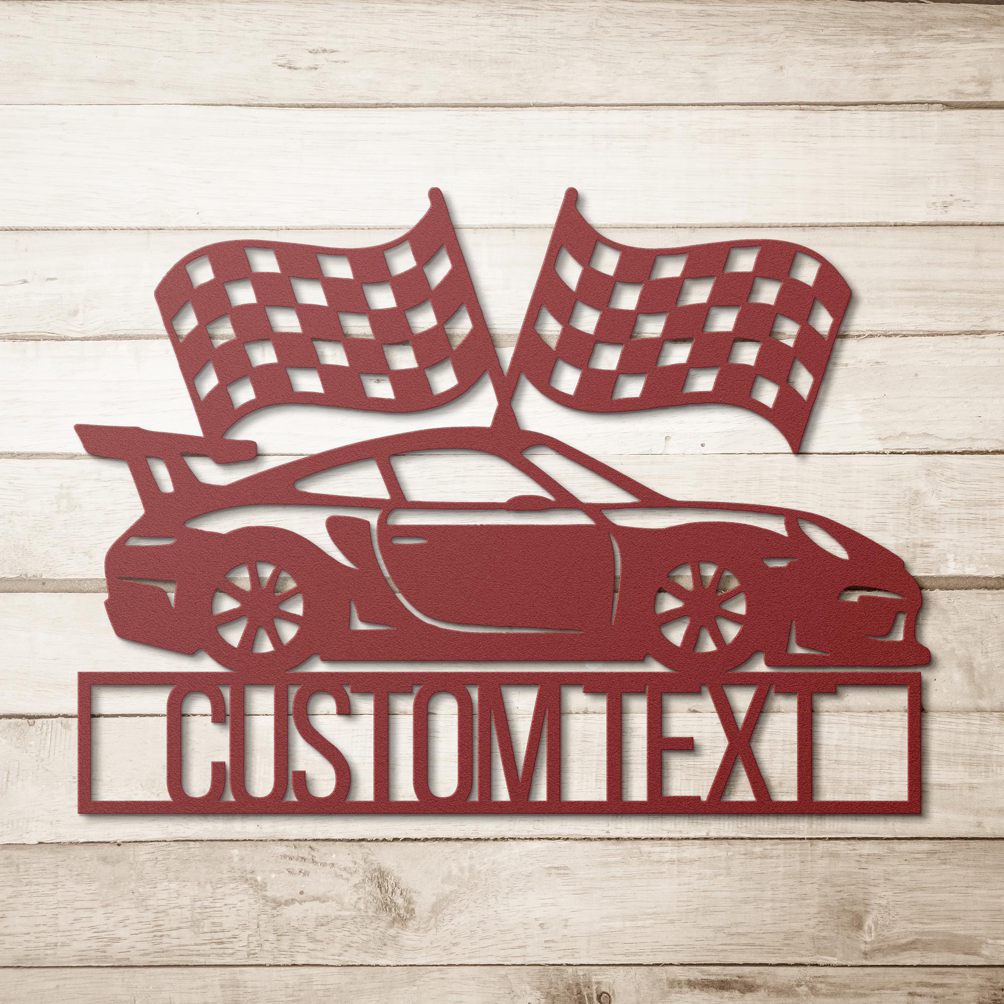 Custom Race Car Metal Sign, Racing Flags Garage Decor