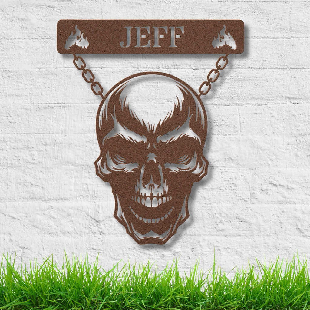 Personalized Skull Metal Sign, Custom Name Biker Wall Art, Gothic Decor, Man Cave Signage