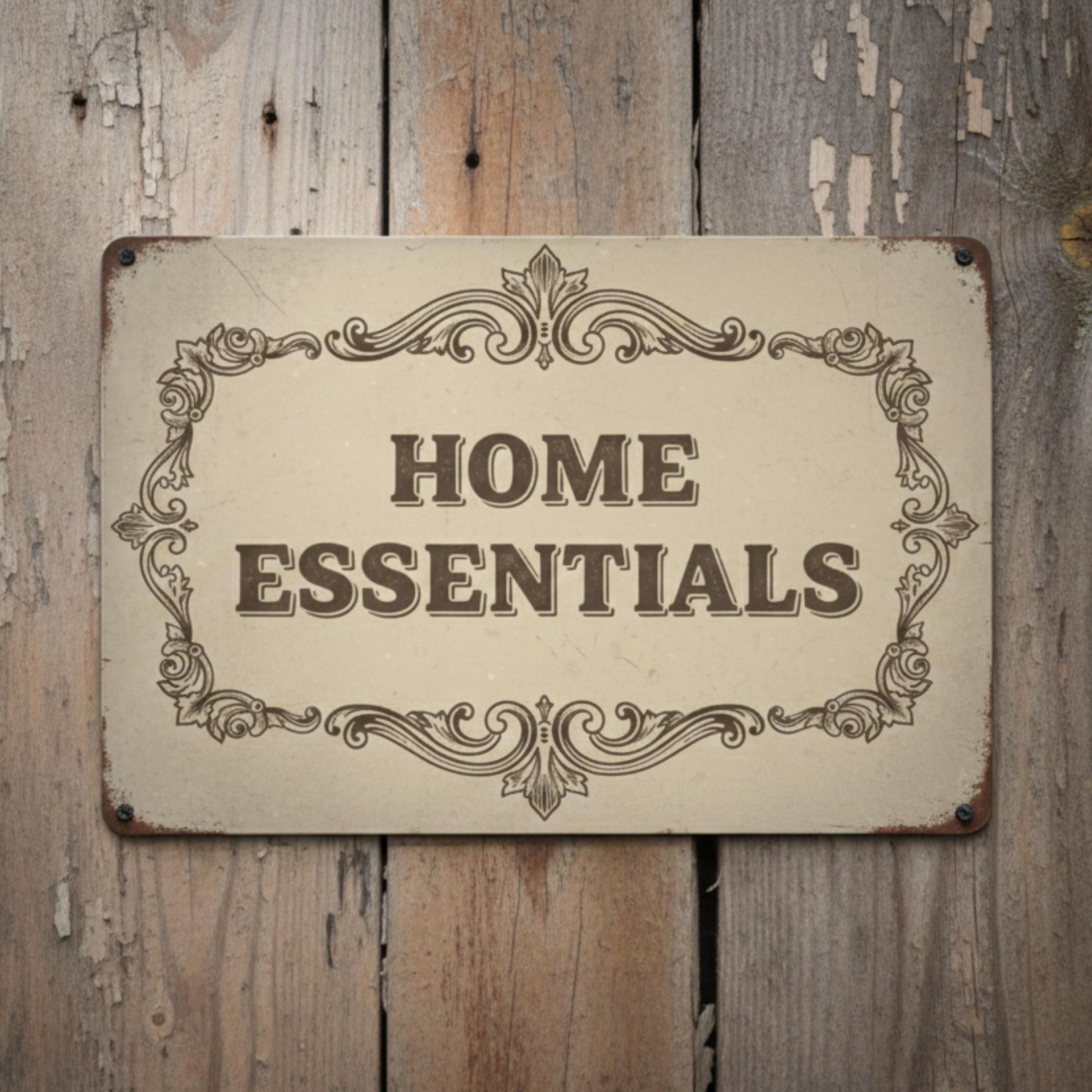 Vintage Home Essentials Sign, General Store Farmhouse Metal Plaque, Housewares Decor Gift