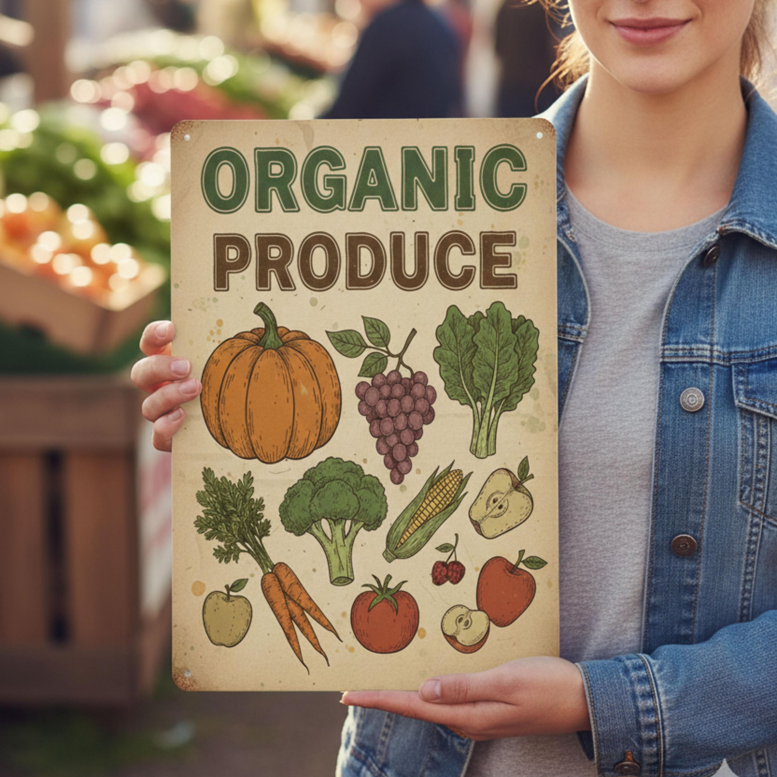 Organic Produce Metal Sign – Vintage Market Art | Rustic Kitchen Decor | Durable Steel Sign