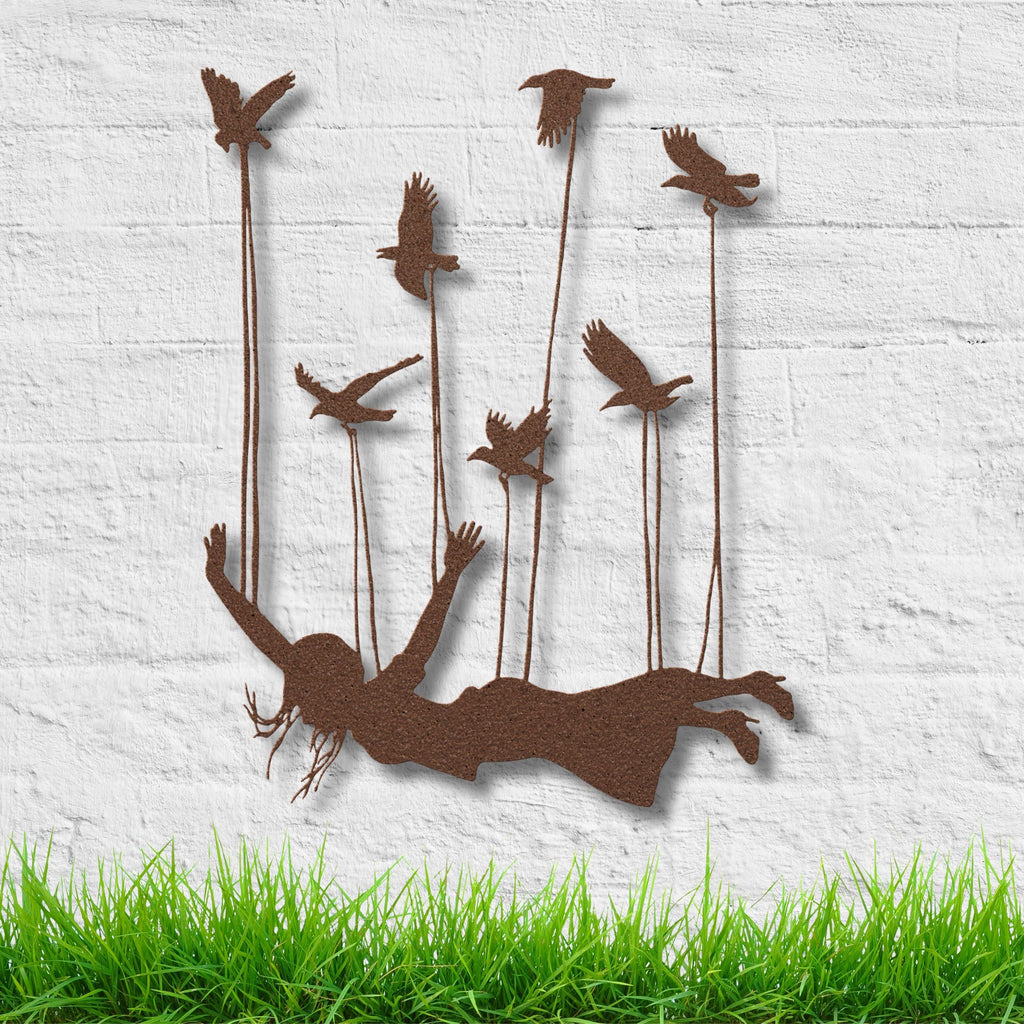 Surreal Woman Flying with Birds Metal Art, Inspirational Wall Sign, Freedom Home Decor