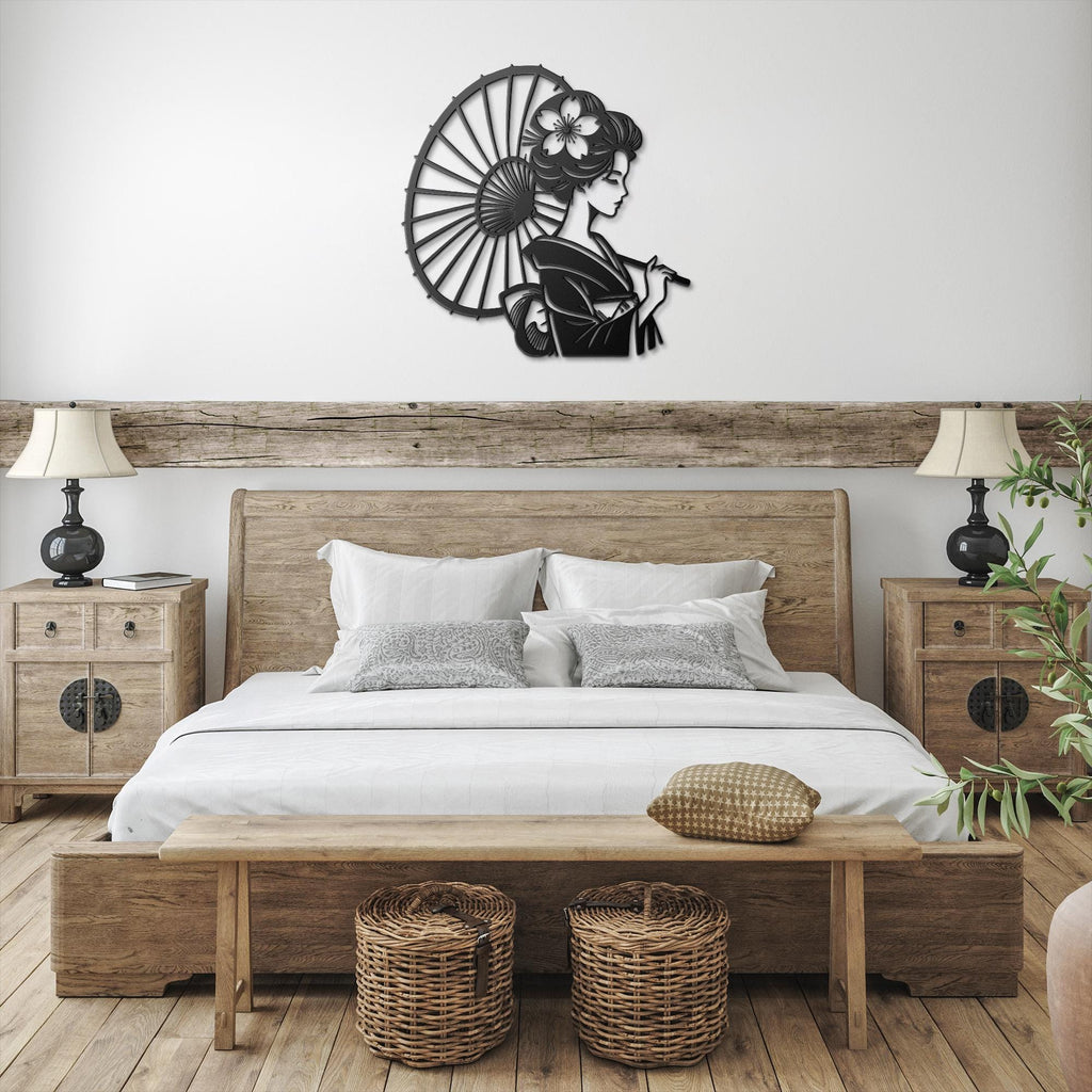 Geisha Metal Die-Cut Sign | Japanese Wall Art | Woman with Umbrella Silhouette | Elegant Asian Home Decor | Laser Cut Art
