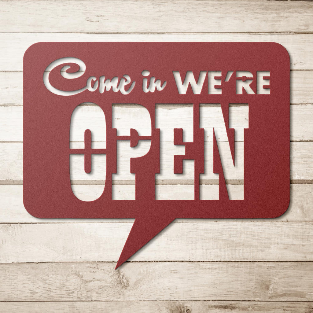 Come In We're Open Speech Bubble Die-Cut Metal Sign, Business Store Door Decor