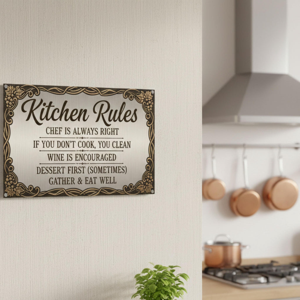 Funny Kitchen Rules Metal Sign - Chef Wine Dessert Art, Rustic Farmhouse Kitchen Decor, Funny Cooking Wall Hanging, Unique Chef Gift