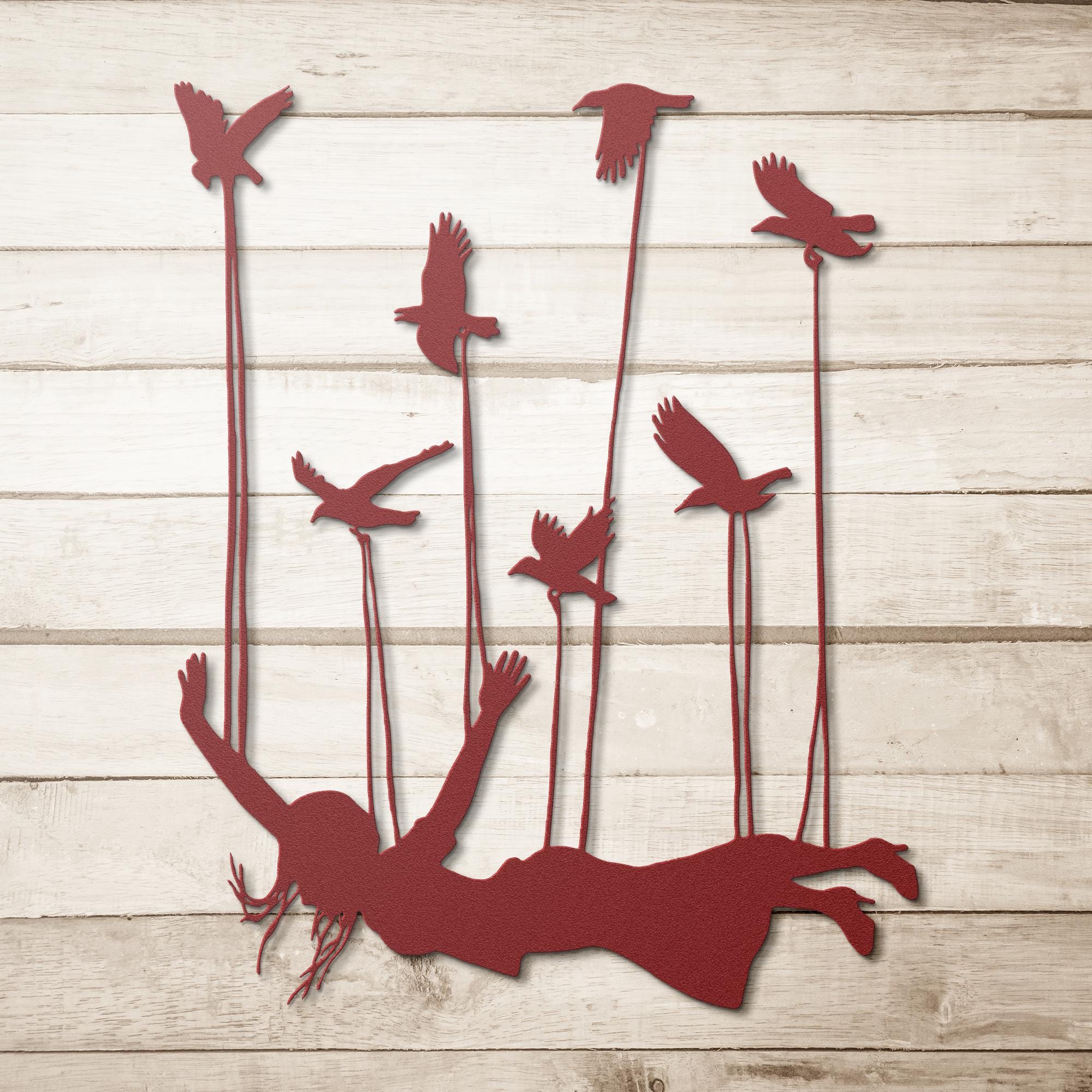 Surreal Woman Flying with Birds Metal Art, Inspirational Wall Sign, Freedom Home Decor