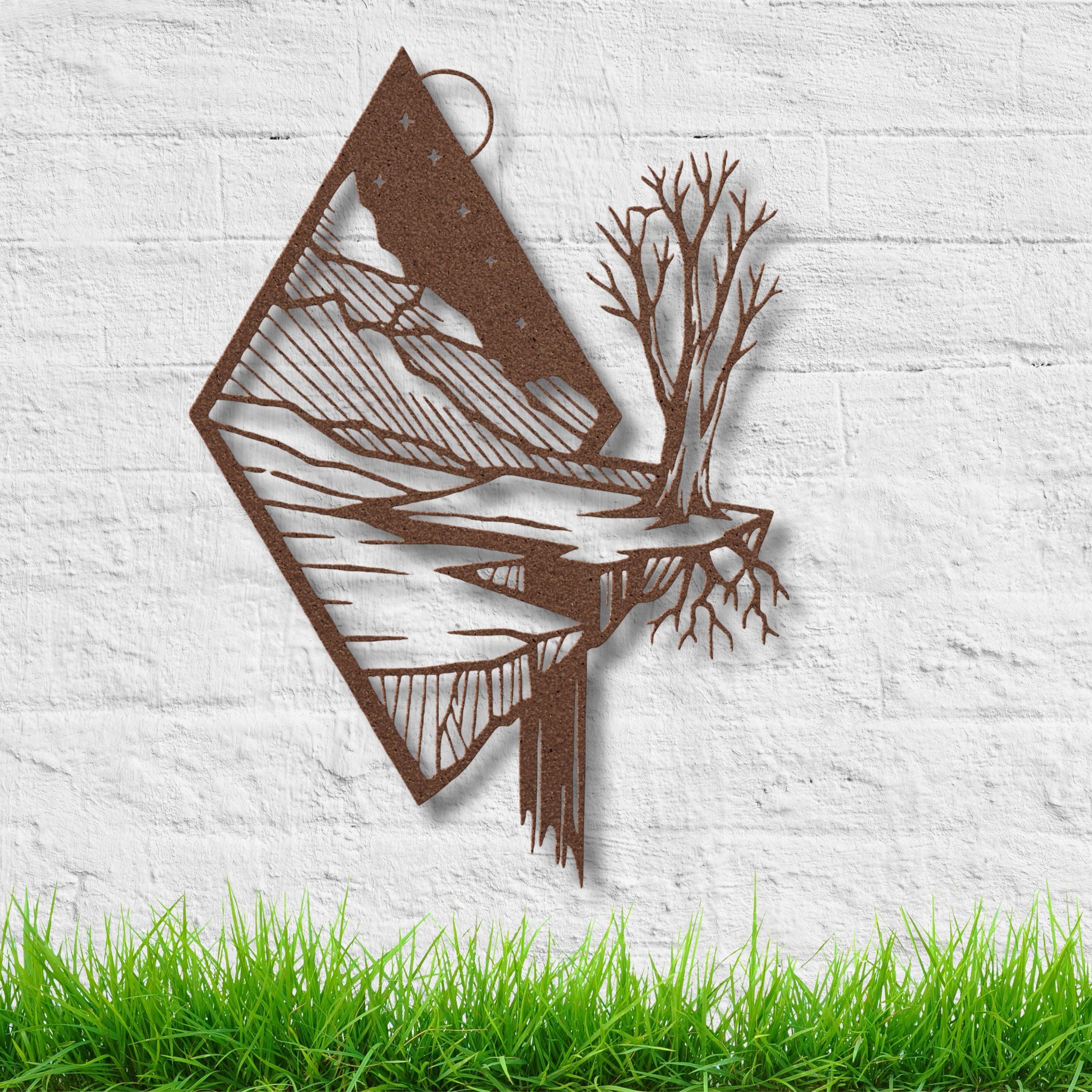 Geometric Mountain Metal Wall Art, Waterfall Nature Decor, Diamond Tree Sign, Outdoor Gift