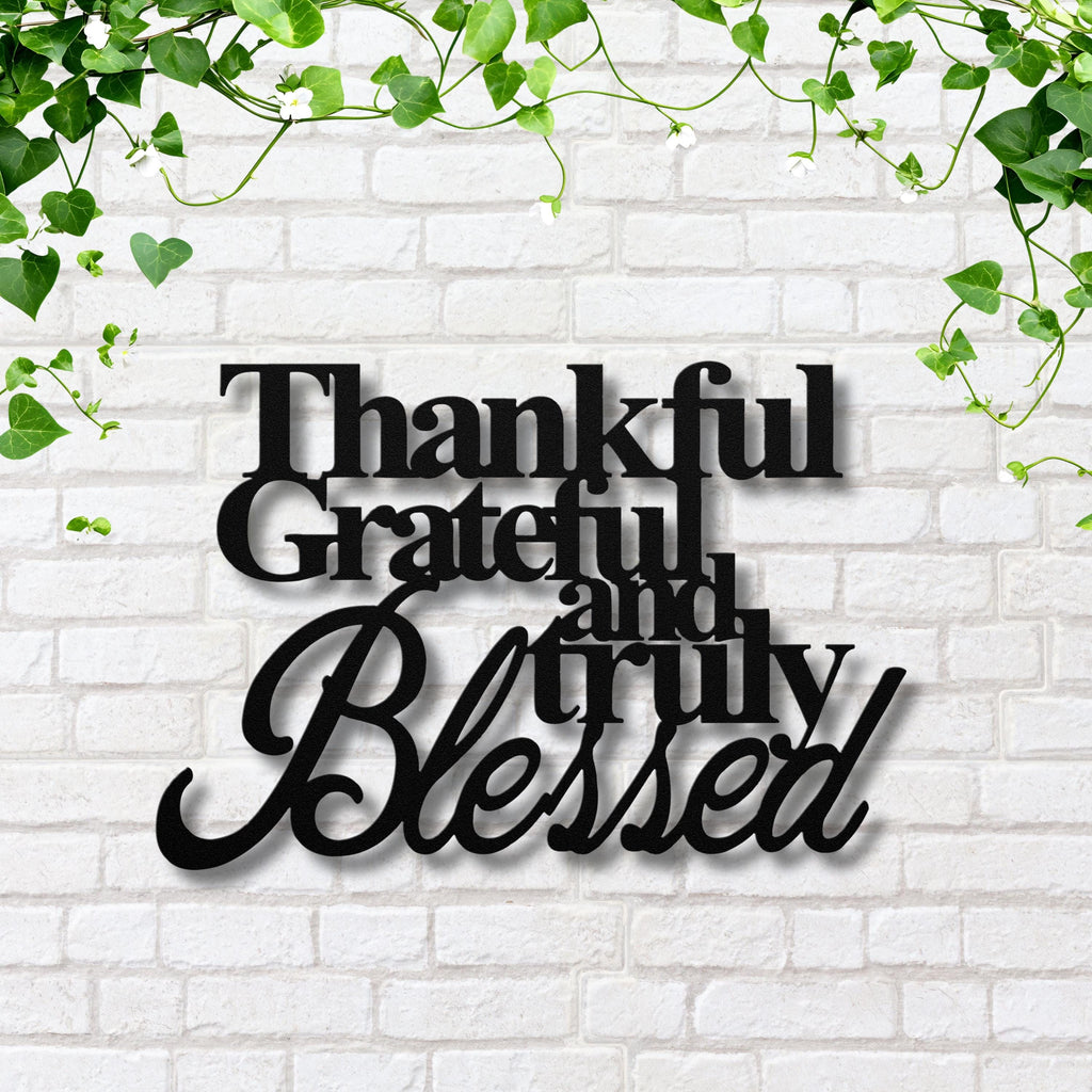 Thankful Grateful Blessed Metal Wall Art Sign, Inspirational Quote Decor, Modern Farmhouse Typography, Living Room Entryway Gift