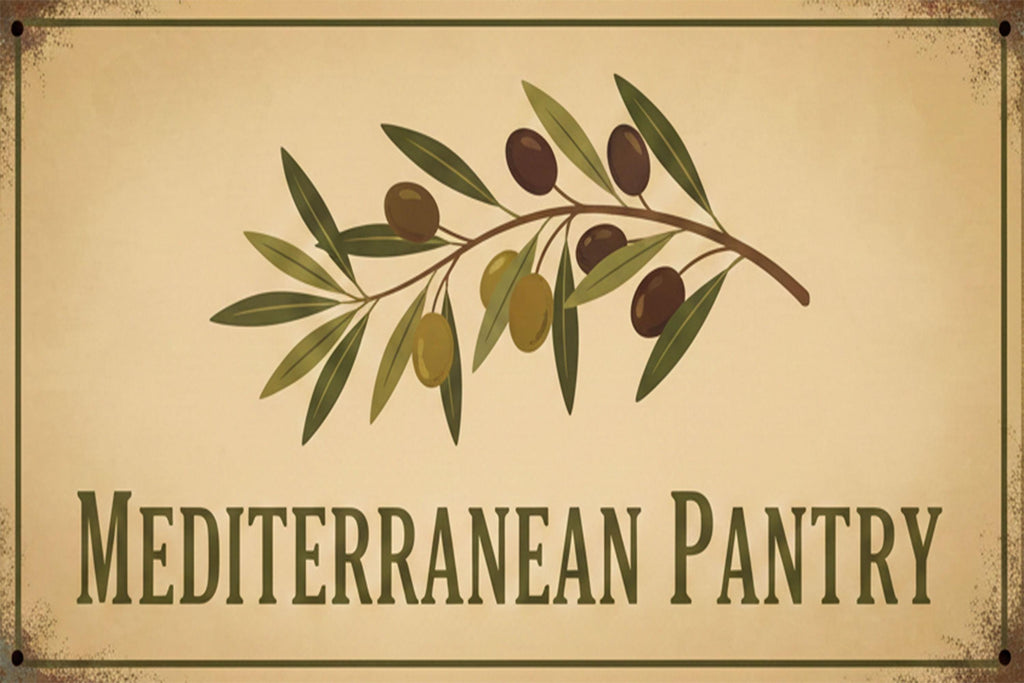 Mediterranean Pantry Metal Sign, Olive Branch Kitchen Decor, Rustic Farmhouse Wall Art