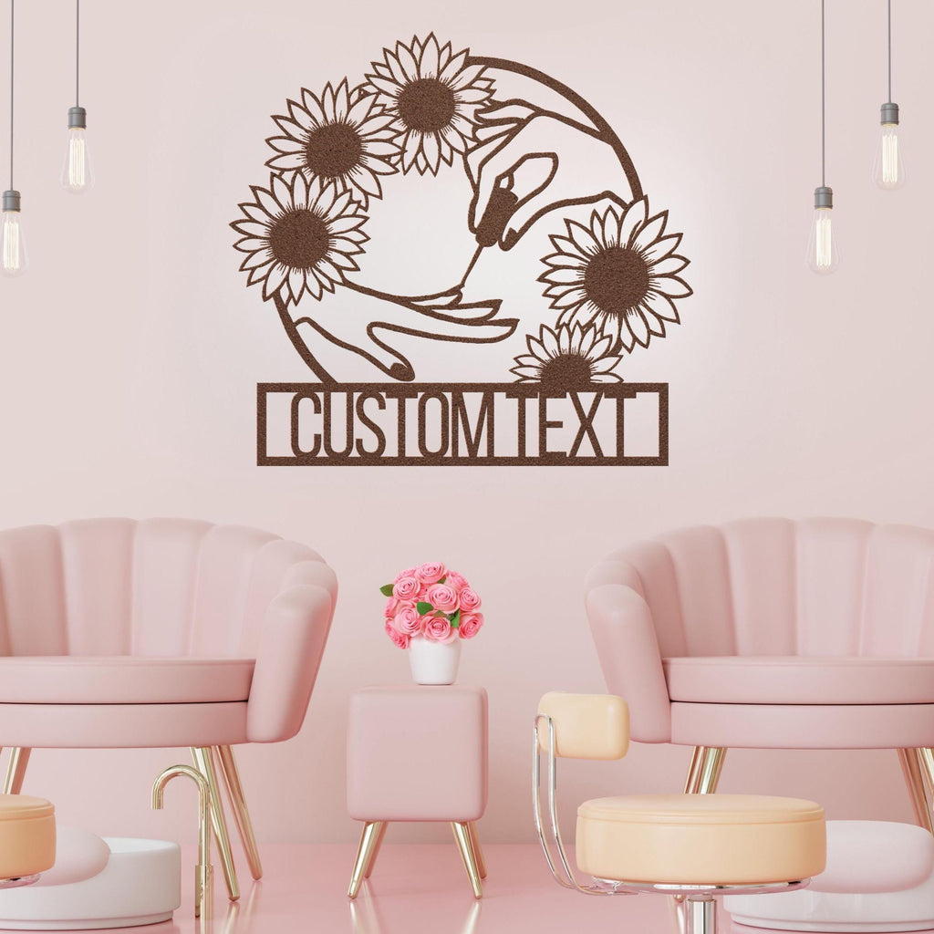 Personalized Nail Salon Metal Sign, Sunflower Hand Line Art