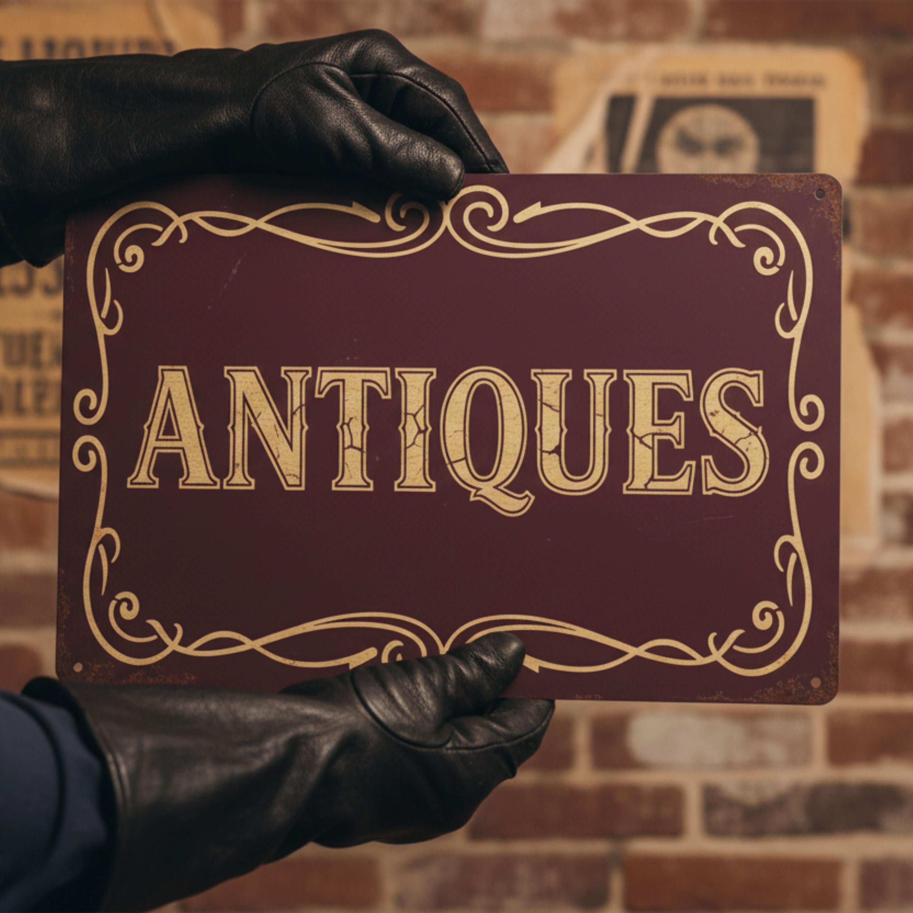 Vintage Antiques Metal Sign, Rustic Shop Wall Decor, Maroon Antique Store Art, Distressed Look