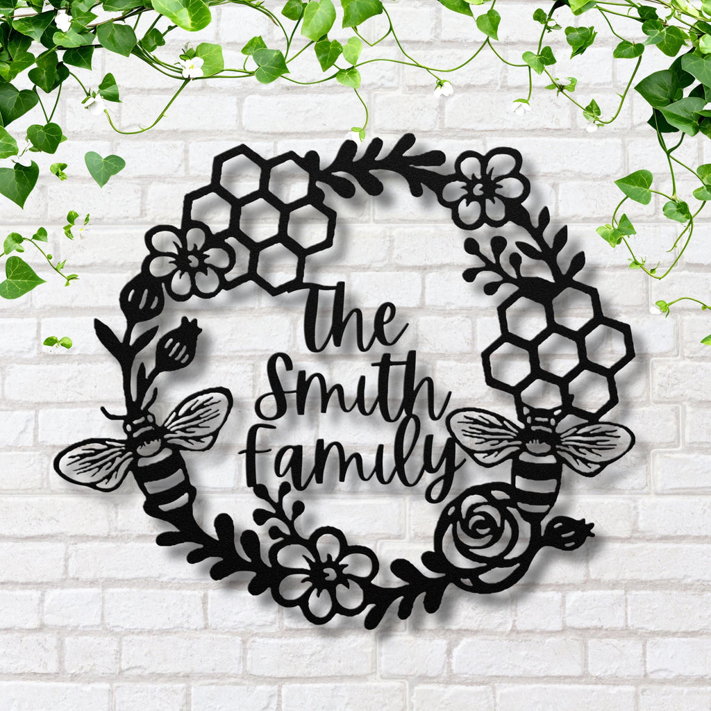 Personalized Bee Family Name Sign, Honeycomb Metal Wreath, Die Cut Gift