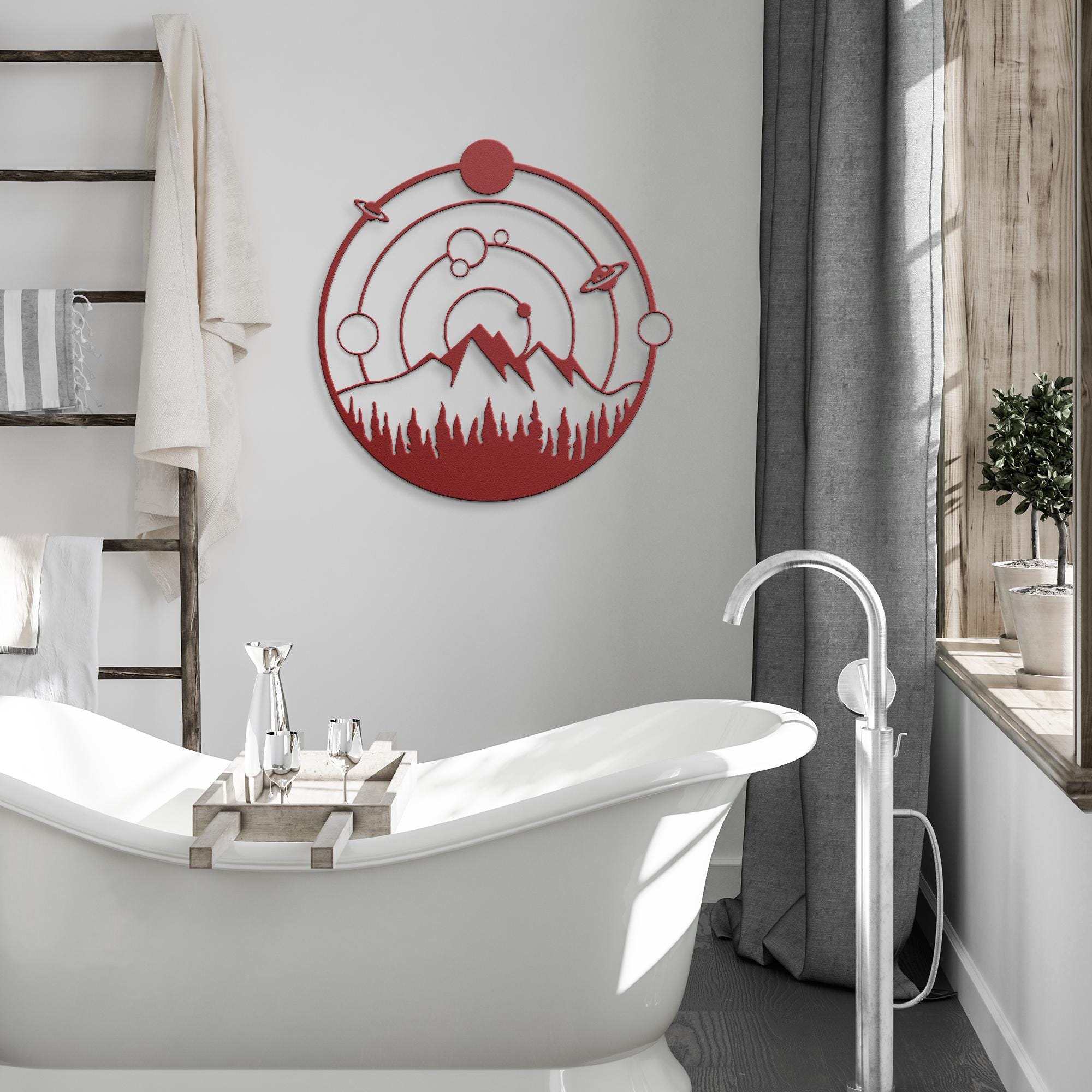 Cosmic Metal Wall Art – Mountain Metal Sign | Celestial Die Cut Forest Decor