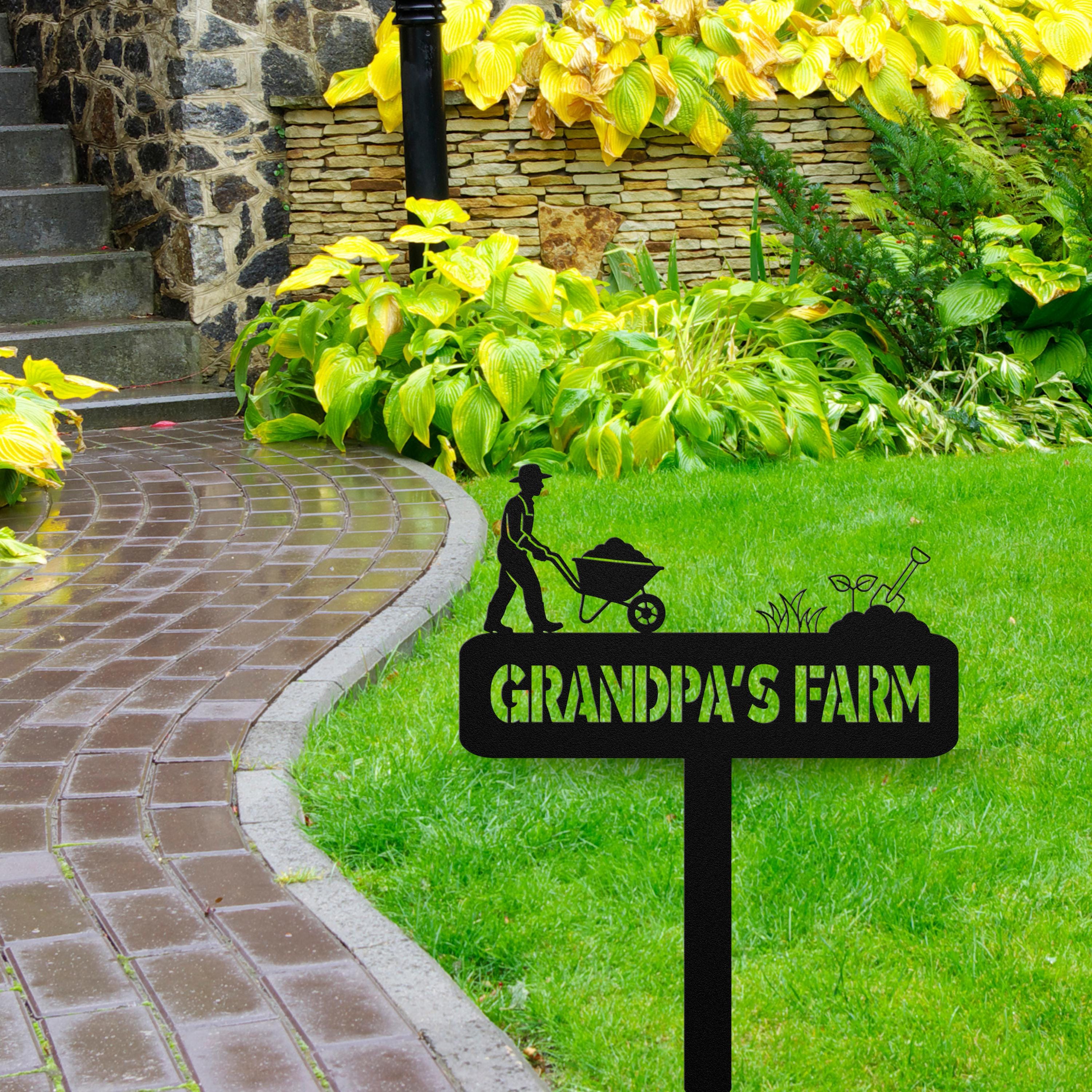 Personalized Metal Garden Sign: Farmer & Wheelbarrow Decor