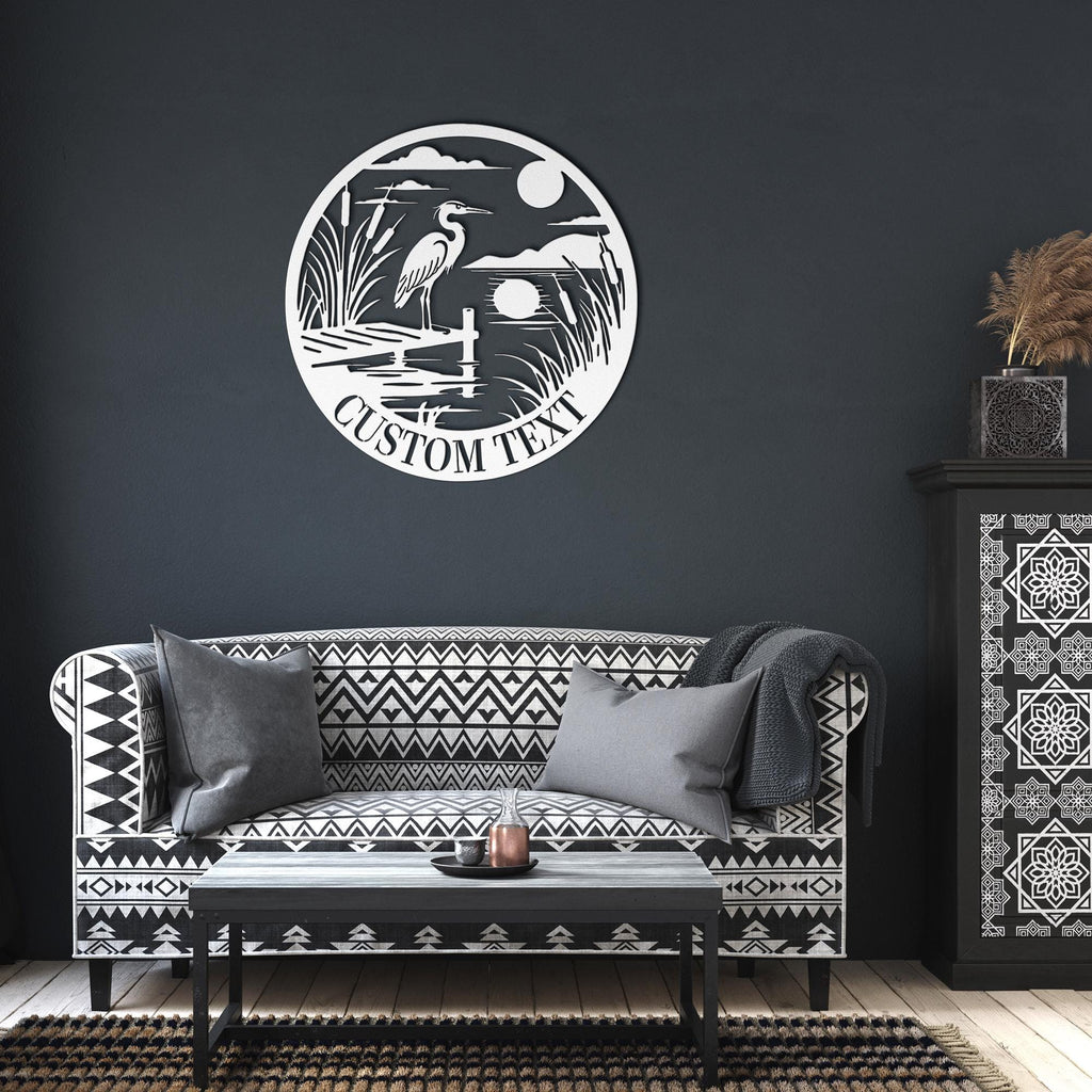 Custom Heron Metal Sign, Wetlands Bird Decor, Fishing Cabin Lake House Gift, Personalized Outdoor Art