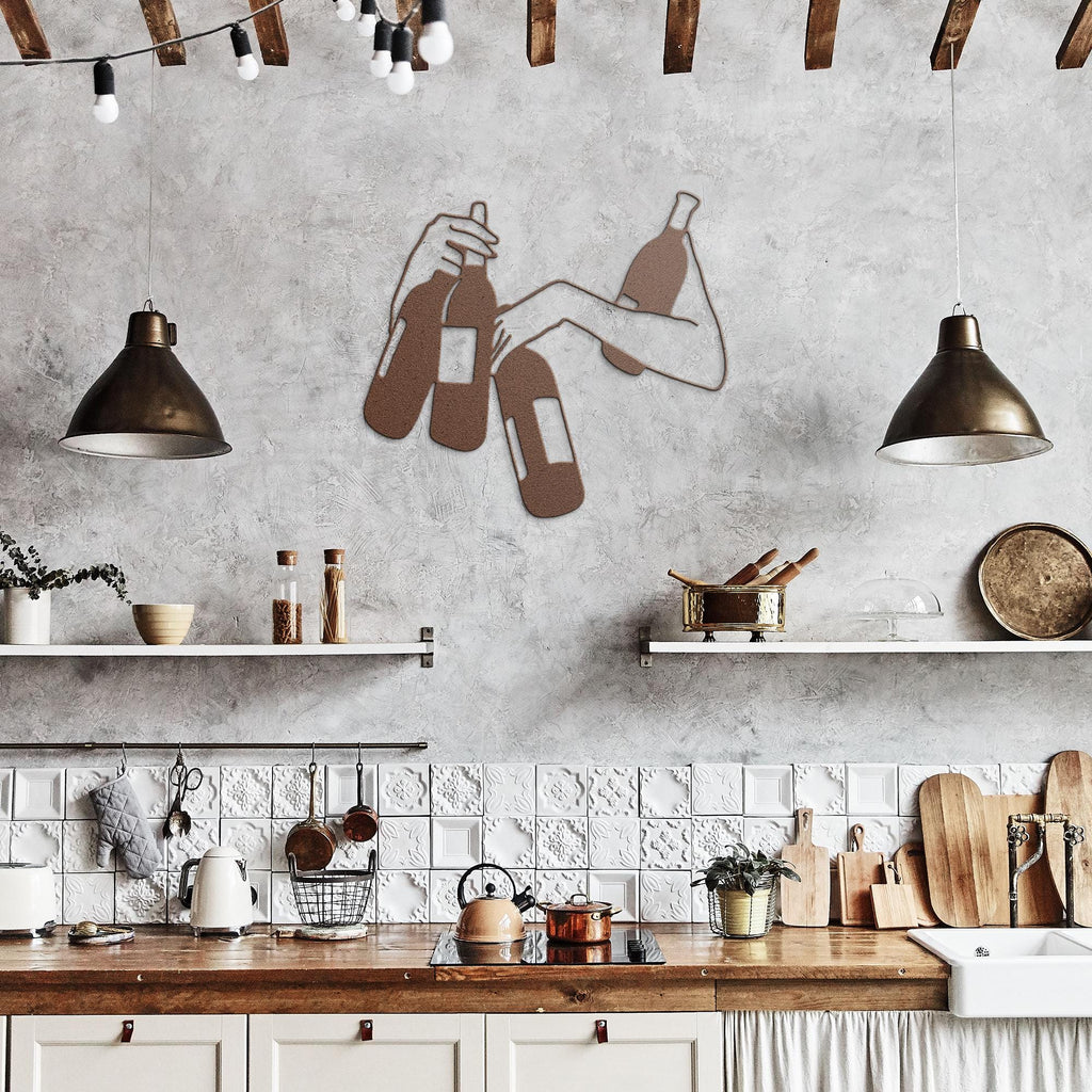 Hands Holding Wine Bottles Metal Art | Abstract Bar Decor Sign | Drink Enthusiast Silhouette | Kitchen or Cellar Wall Hanging