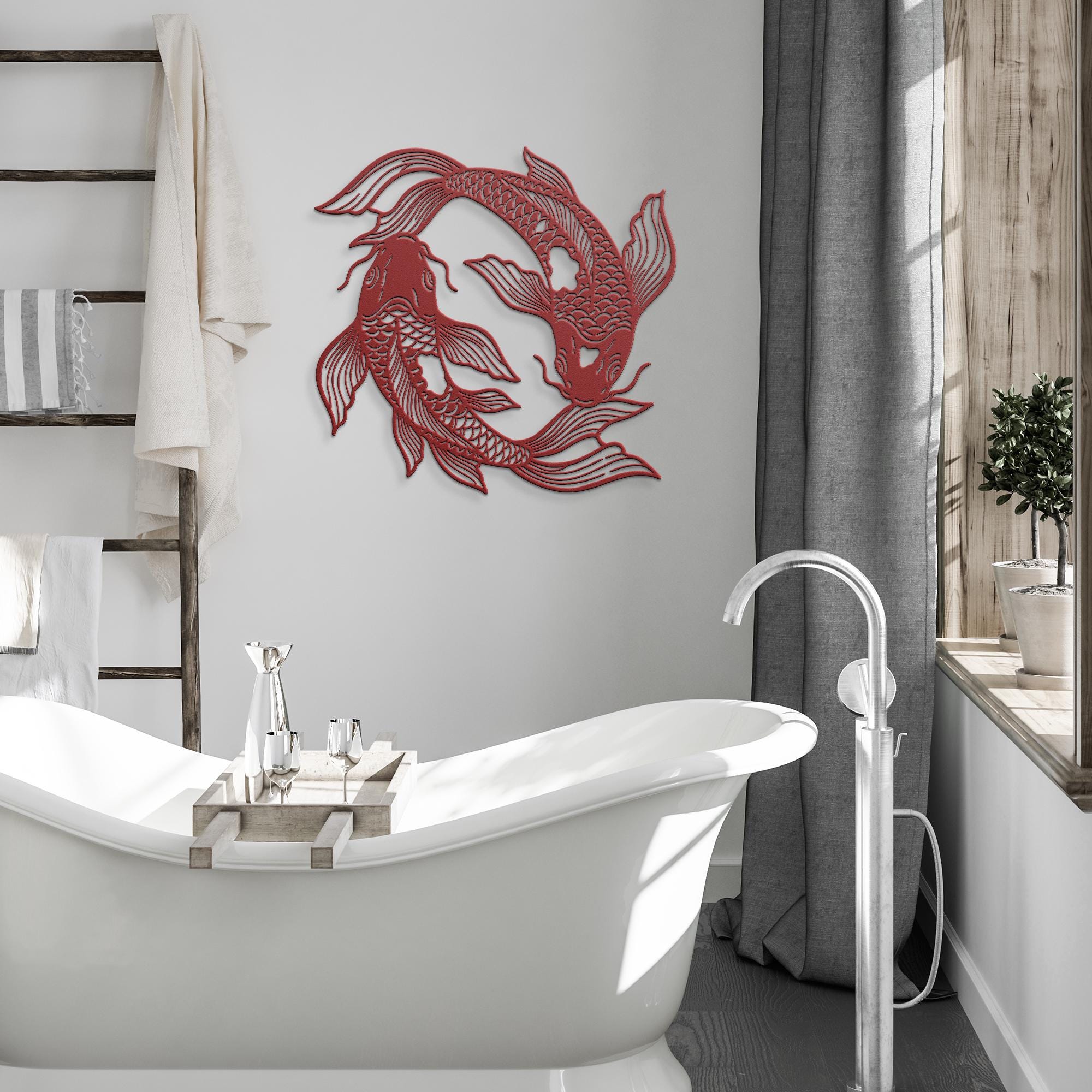 Yin Yang Koi Fish Metal Wall Art, Japanese Zen Decor