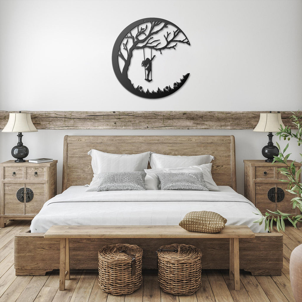 Girl on Swing Metal Wall Art, Crescent Moon Silhouette, Kids Room Decor