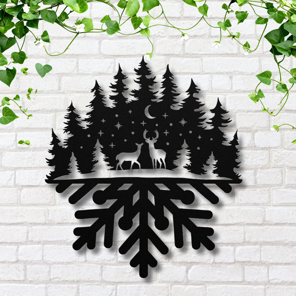 Deer Silhouette Metal Sign, Winter Forest Snowflake Decor