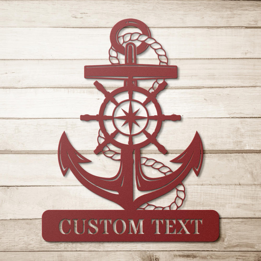 Personalized Captain's Wheel and Anchor Metal Sign, Custom Text, Nautical Gift, Sailor Gift