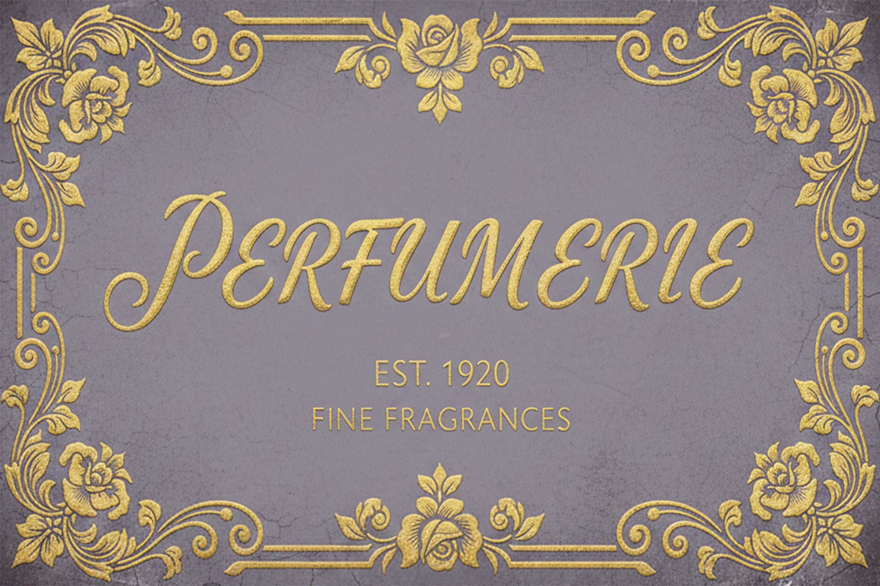 Perfumerie Metal Sign, Vintage Fragrance Store Decor, Est. 1920 Gold Scroll Wall Art