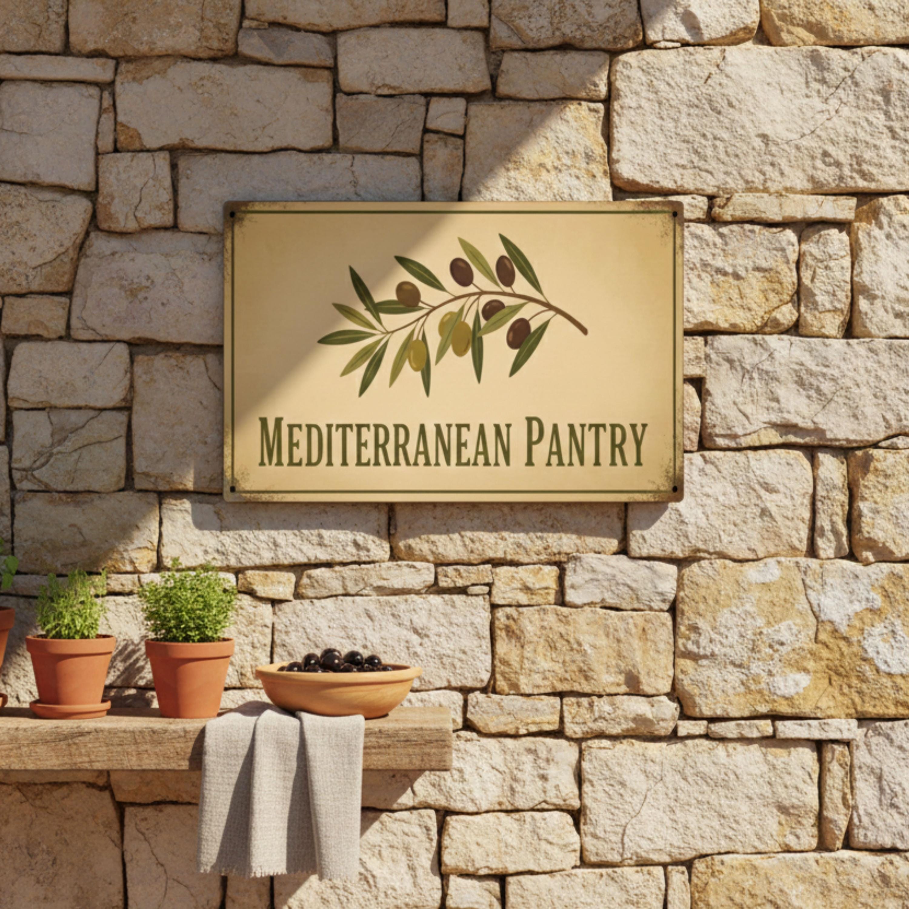 Mediterranean Pantry Metal Sign, Olive Branch Kitchen Decor, Rustic Farmhouse Wall Art