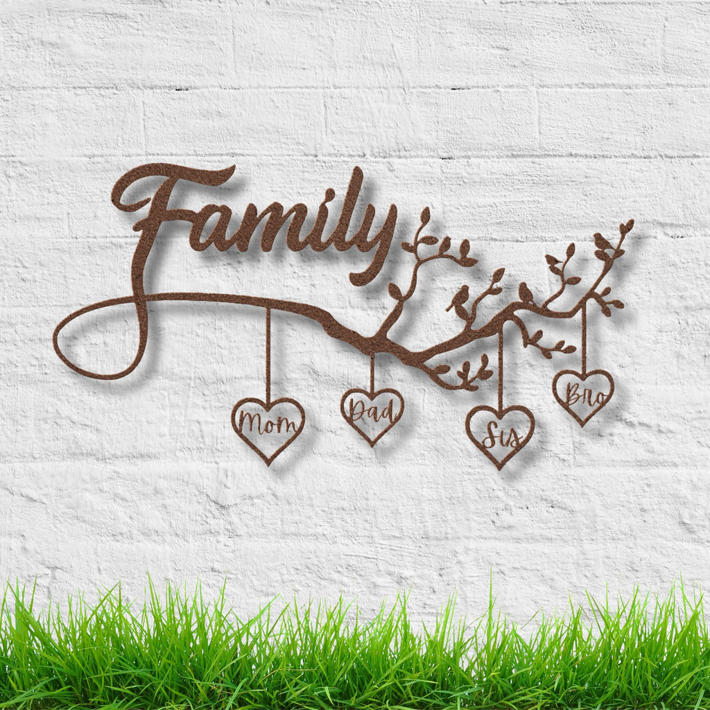 Personalized Family Tree Sign - Custom Metal Wall Art With Hanging Heart Names