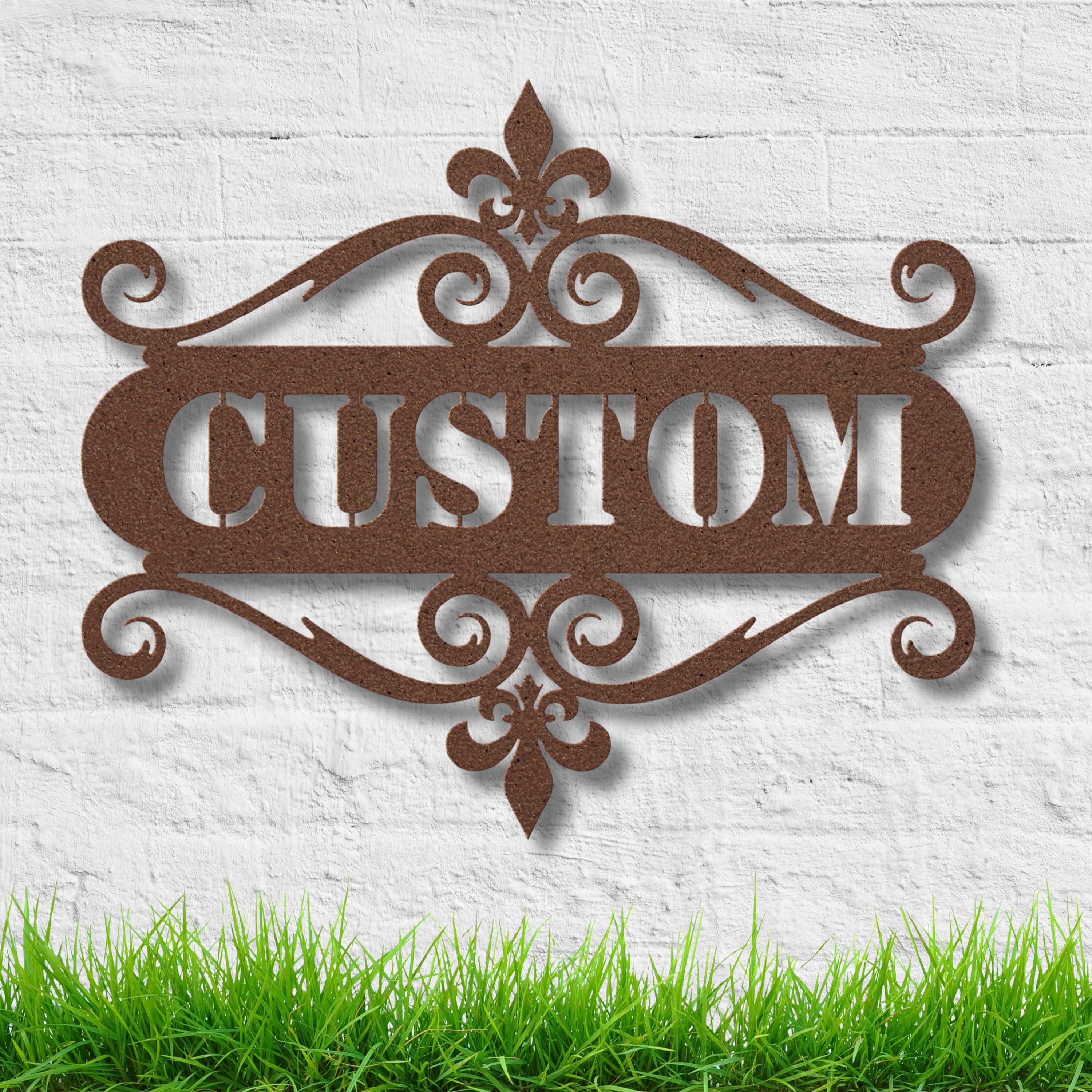 Personalized Custom Name Metal Sign | Ornate Fleur De Lis Monogram | Address Plaque Decor | Scroll Frame Housewarming Gift