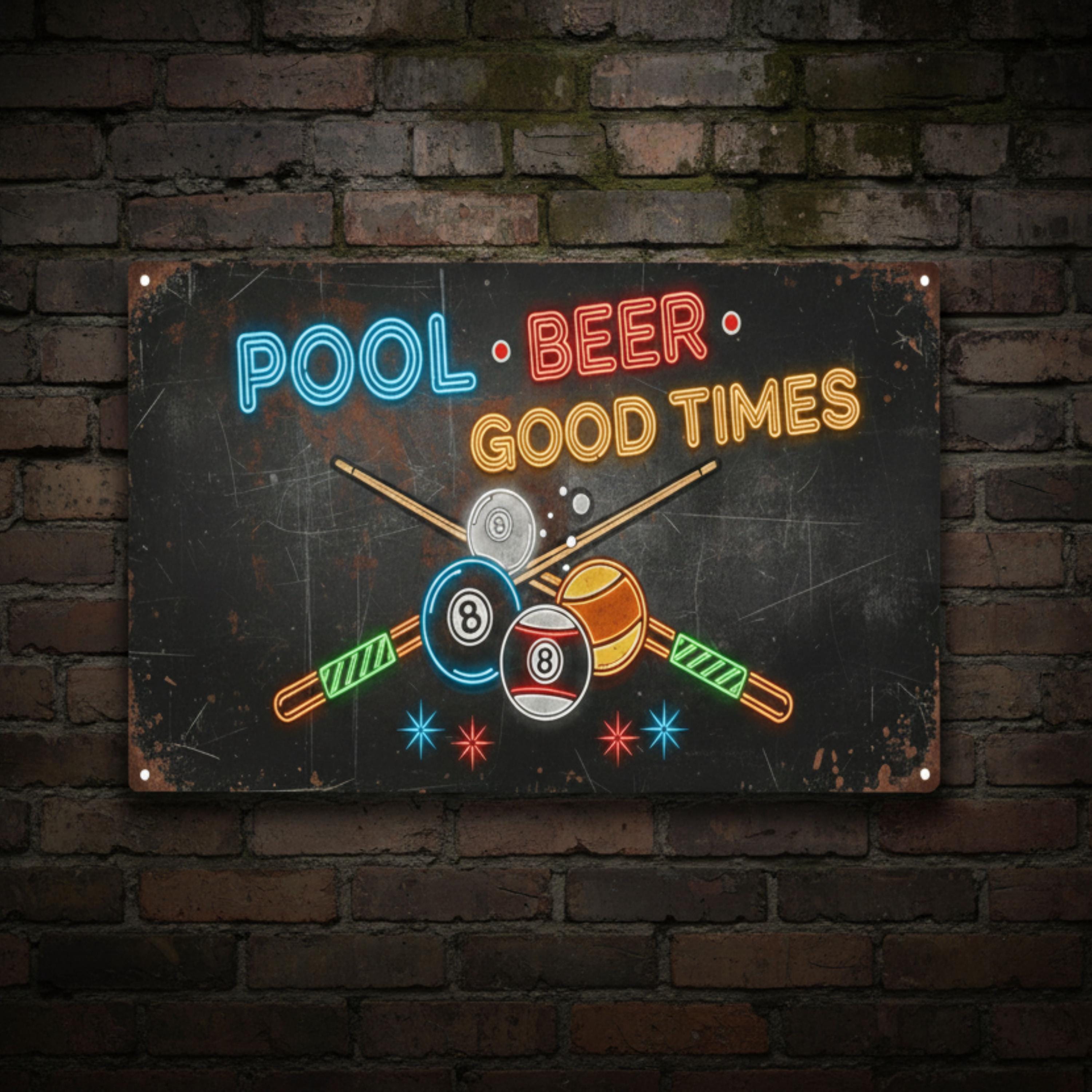 Pool Beer Good Times Neon Metal Sign | Vintage Man Cave Decor