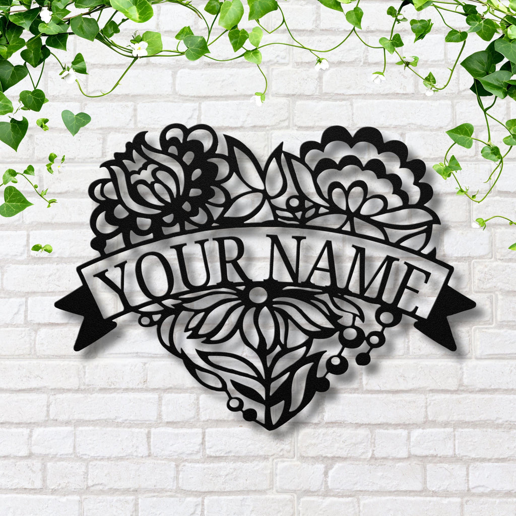 Personalized Metal Sign – Custom Name Sign Floral Heart Art Wedding Gift Idea