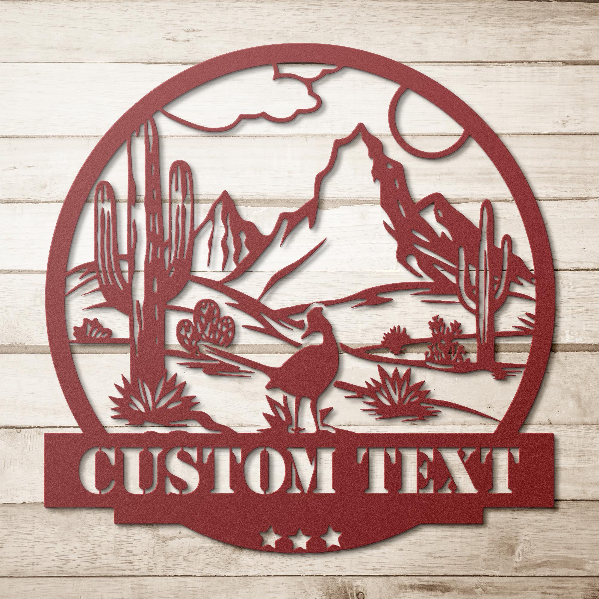 Custom Desert Metal Sign | Personalized Cactus Art | Landscape Home Decor | Southwestern Scene Die-Cut | Mountain Roadrunner Gift