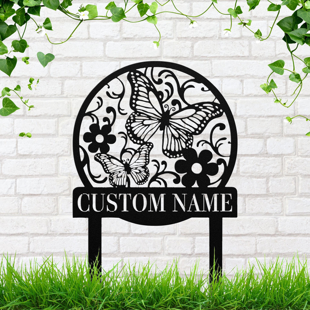 Butterfly & Flower Metal Garden Stake, Personalized Die-Cut Custom Name Sign, Monogrammed Nature Art, Memorial or Garden Decor