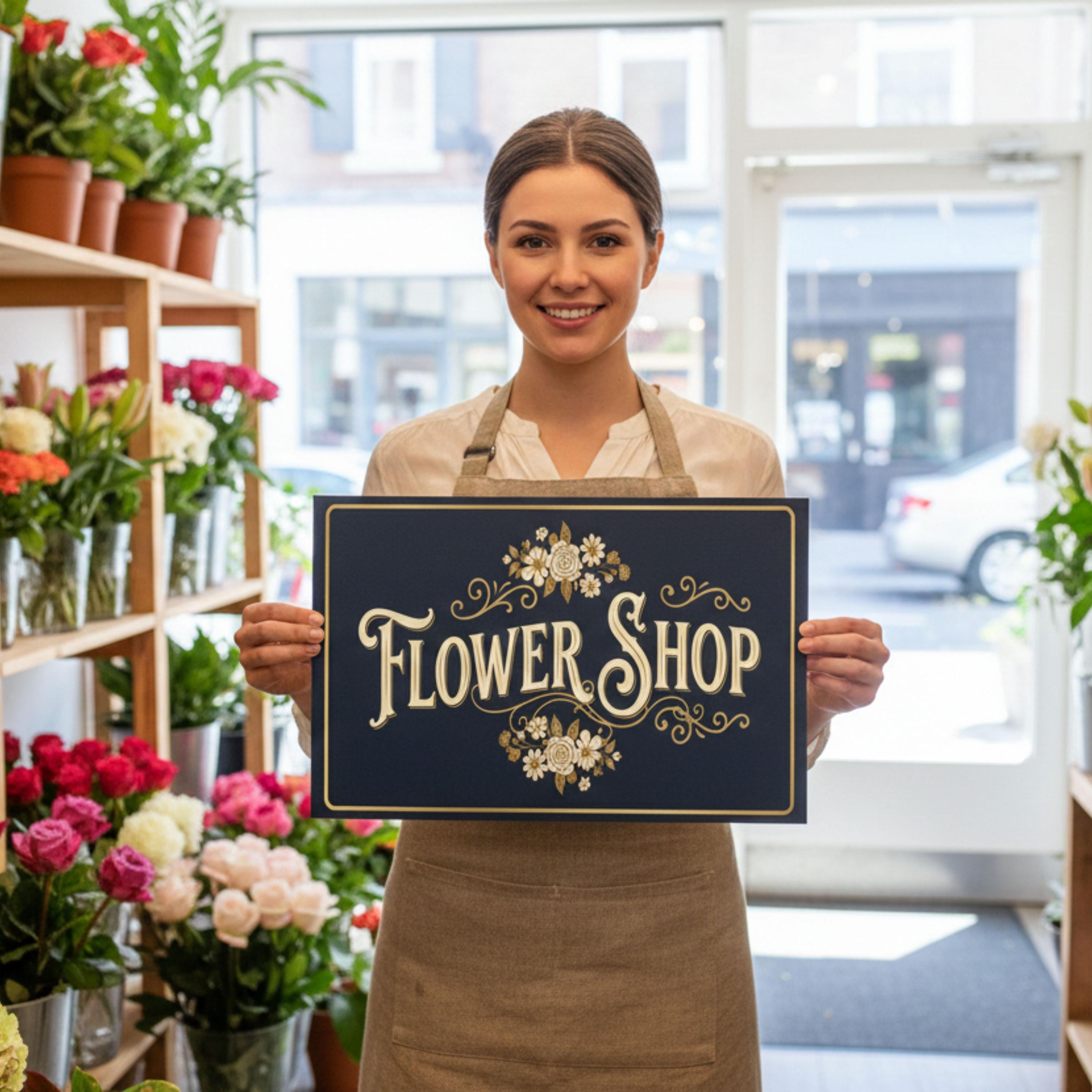 Vintage Flower Shop Metal Sign, Navy Blue Botanical Wall Art