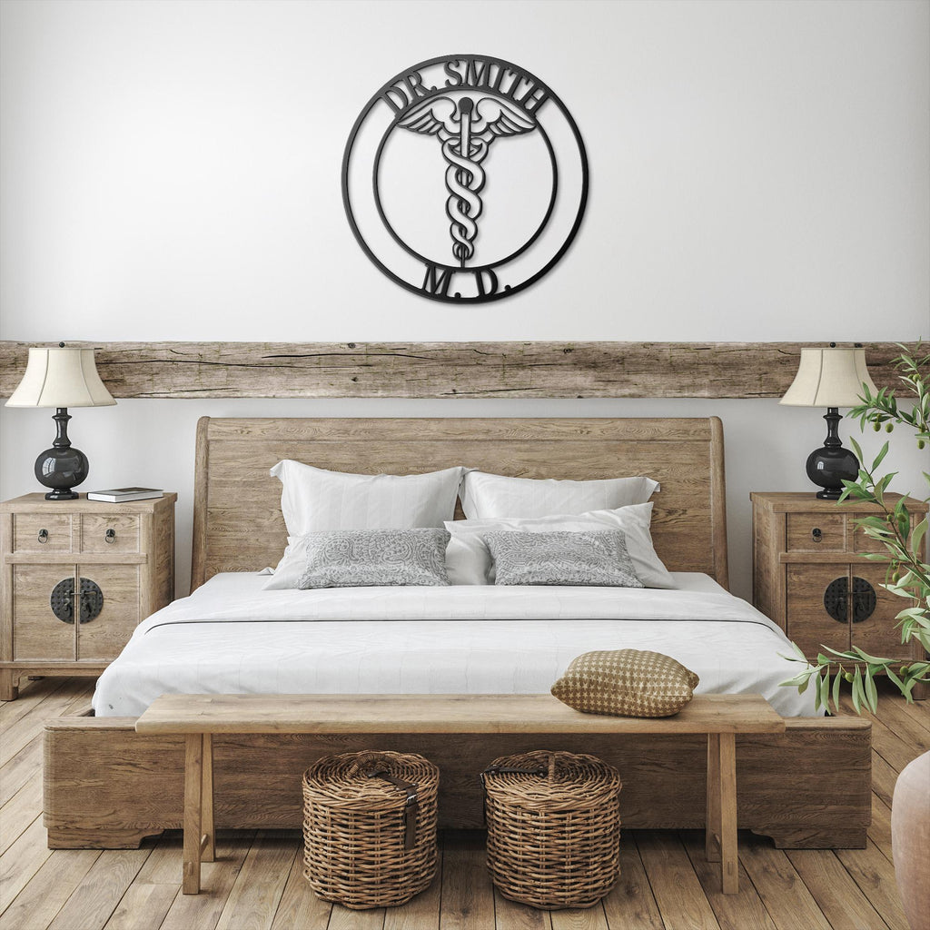 Personalized Metal Sign | Custom Doctor Sign with Steel Caduceus Emblem & Medical Office Decor