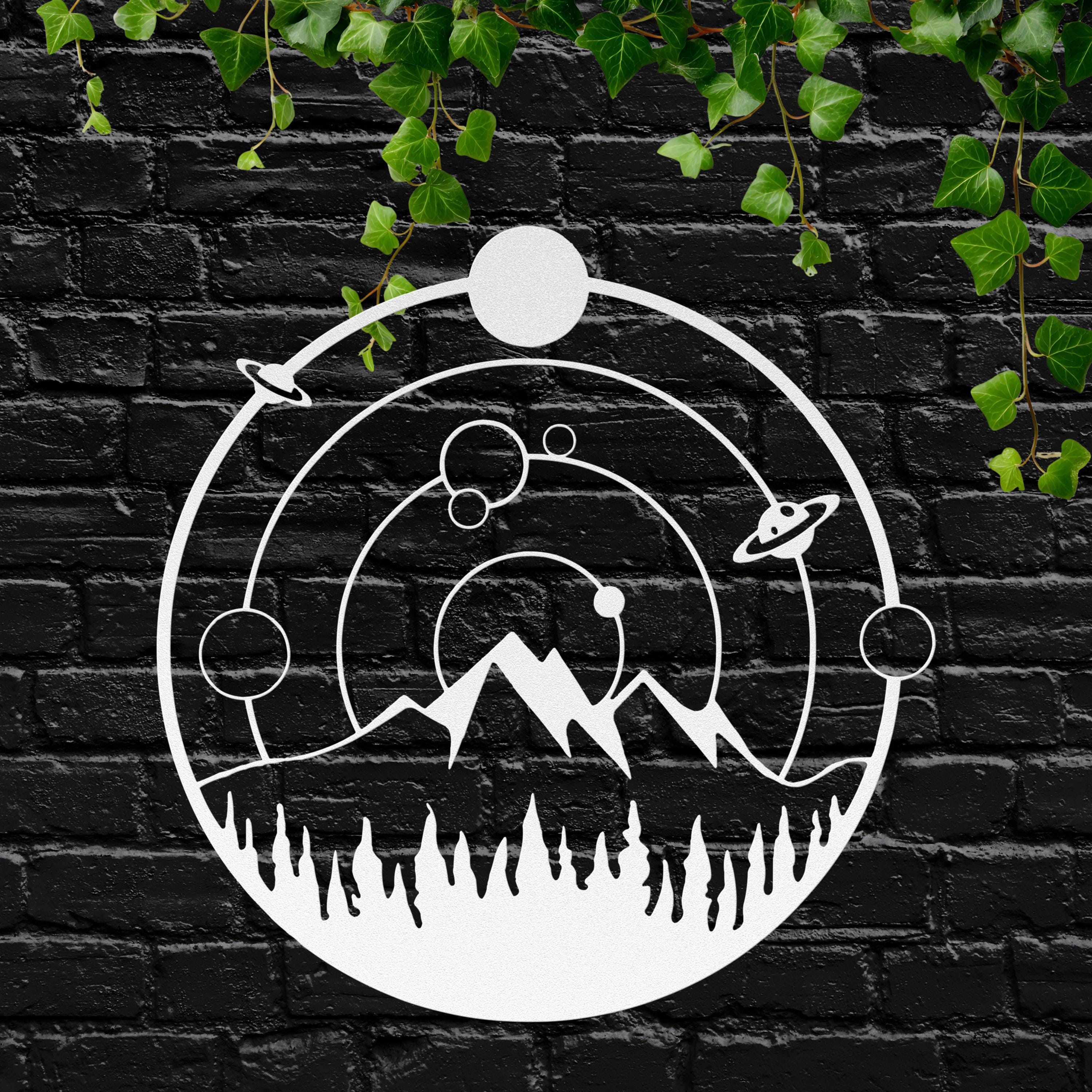 Cosmic Metal Wall Art – Mountain Metal Sign | Celestial Die Cut Forest Decor
