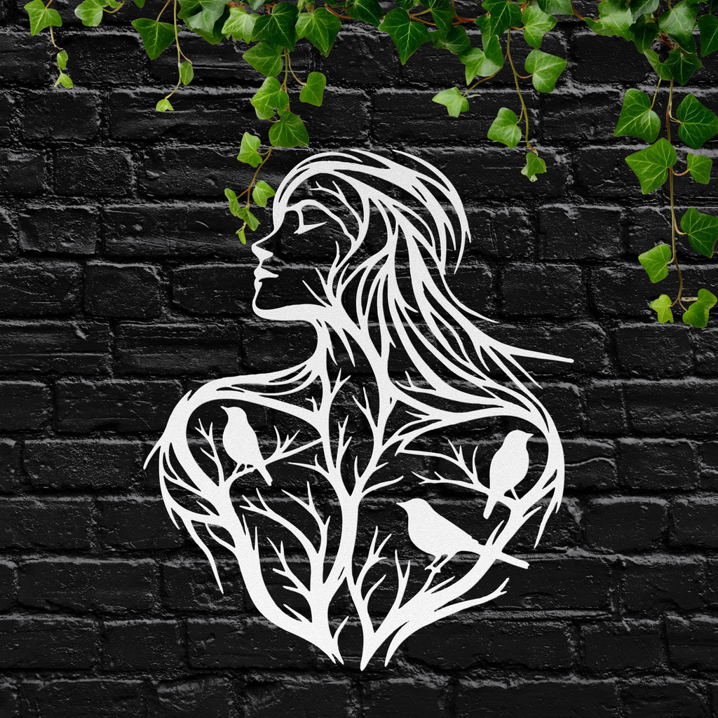 Tree of Life Woman Metal Wall Art | Boho Silhouette with Birds