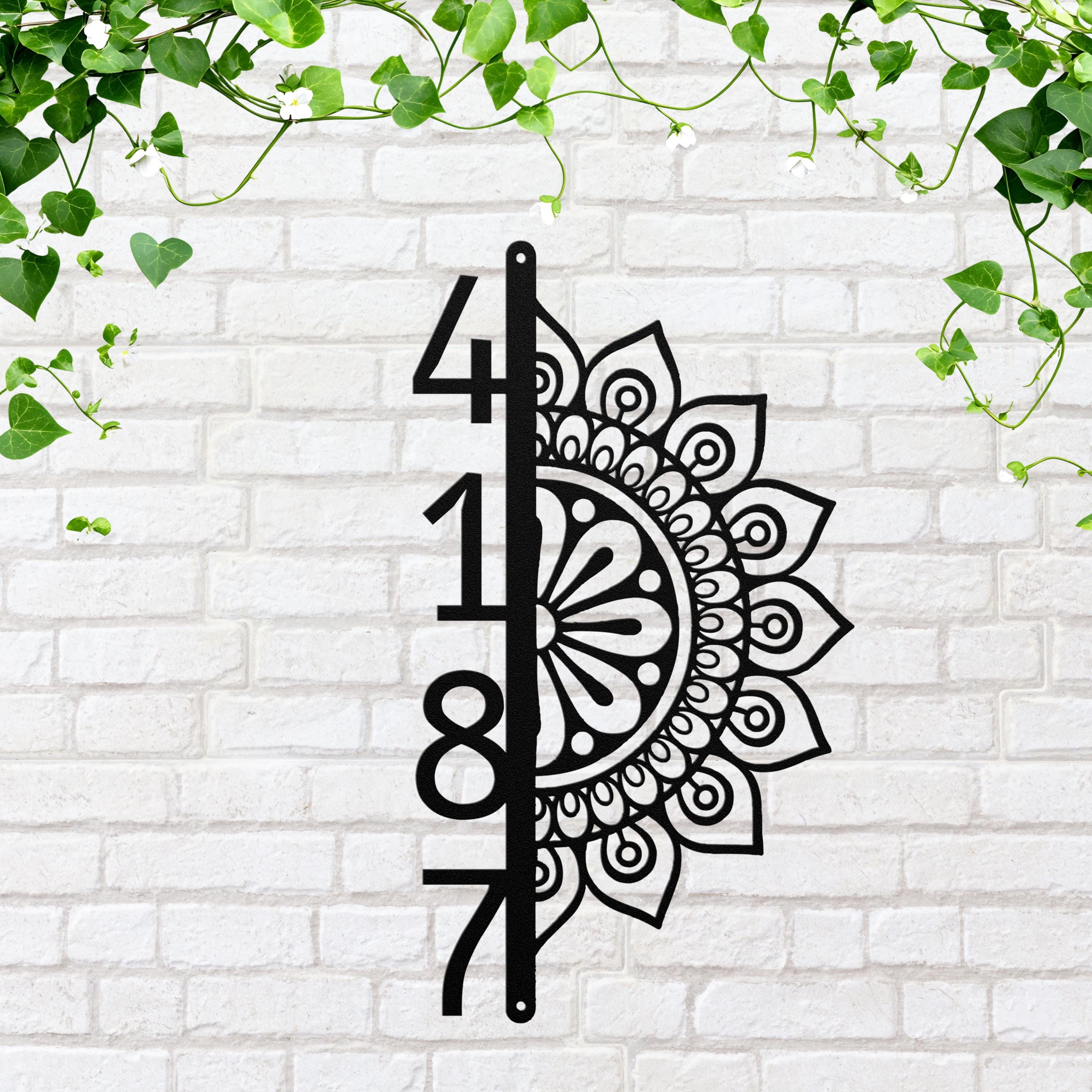Vertical House Numbers Metal Sign, Half Mandala Address Plaque