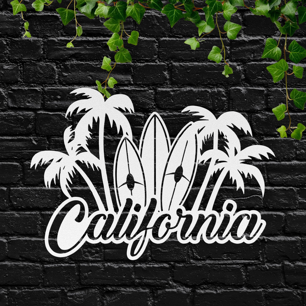 California Metal Sign, Surfboard Palm Tree Coastal Wall Decor