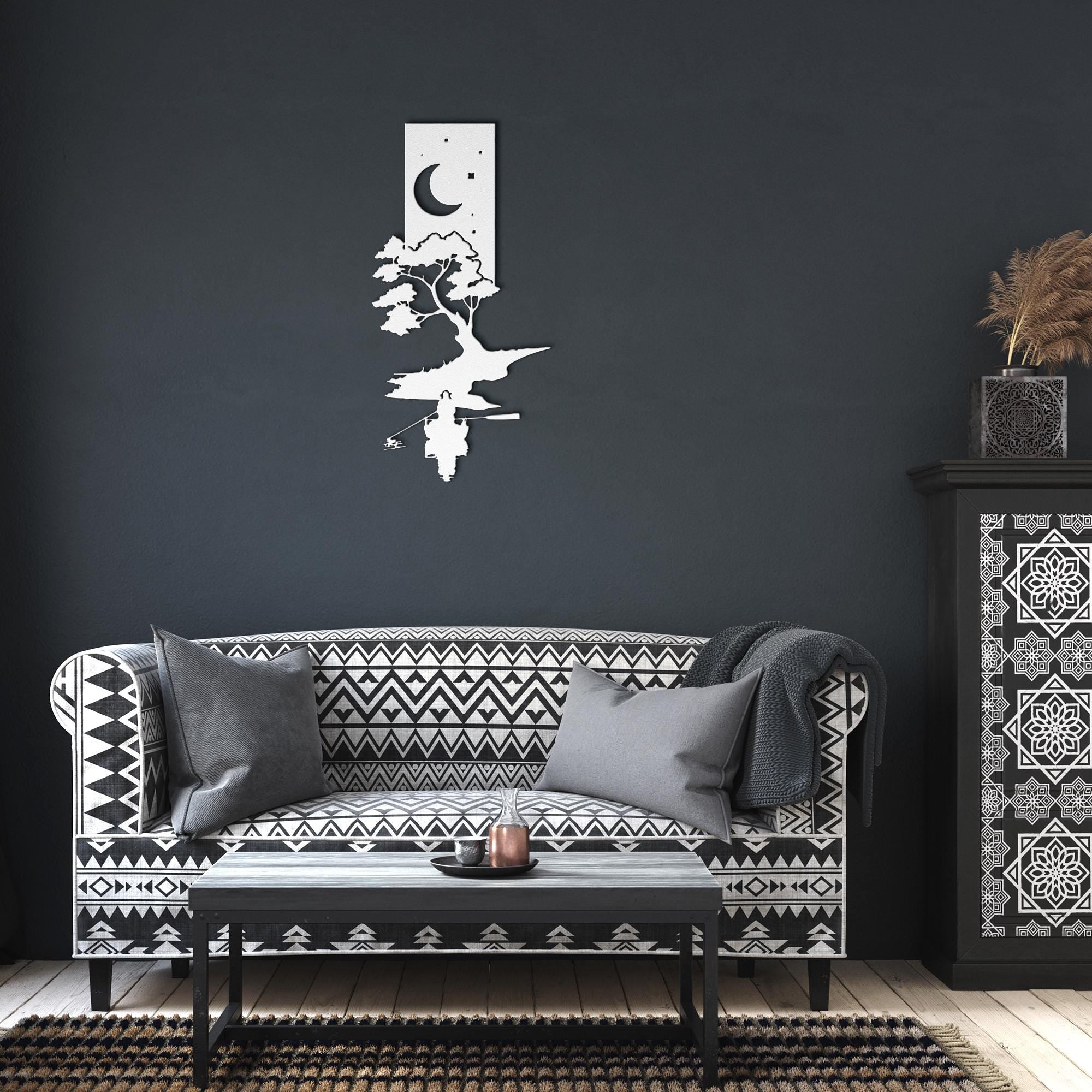 Fisherman Metal Wall Art, Lake Boat Night Decor, Moonlit Fishing Sign, Cabin Gift for Men