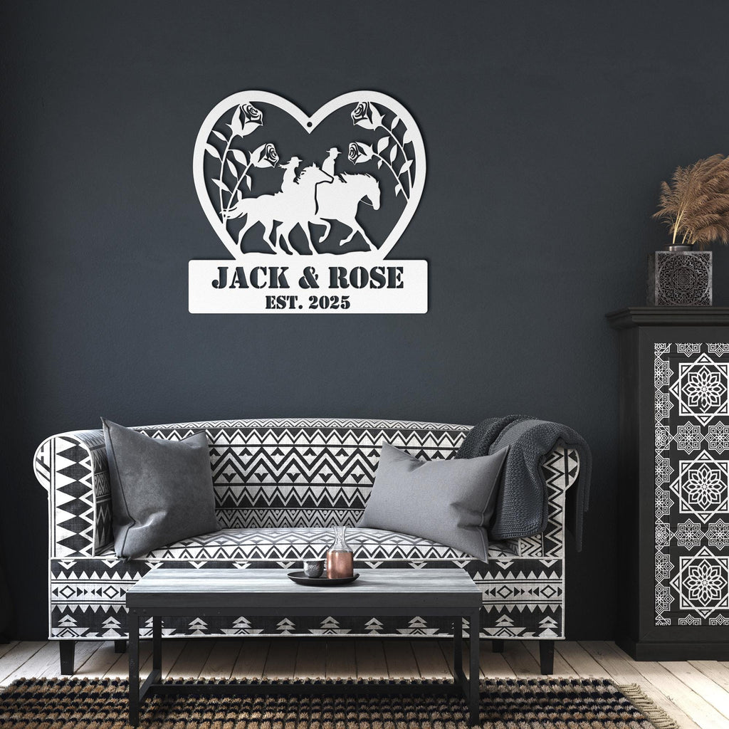 Custom Horse Couple Metal Sign | Personalized Wedding Gift | Heart Roses Equestrian Art | Anniversary Ranch Die-Cut