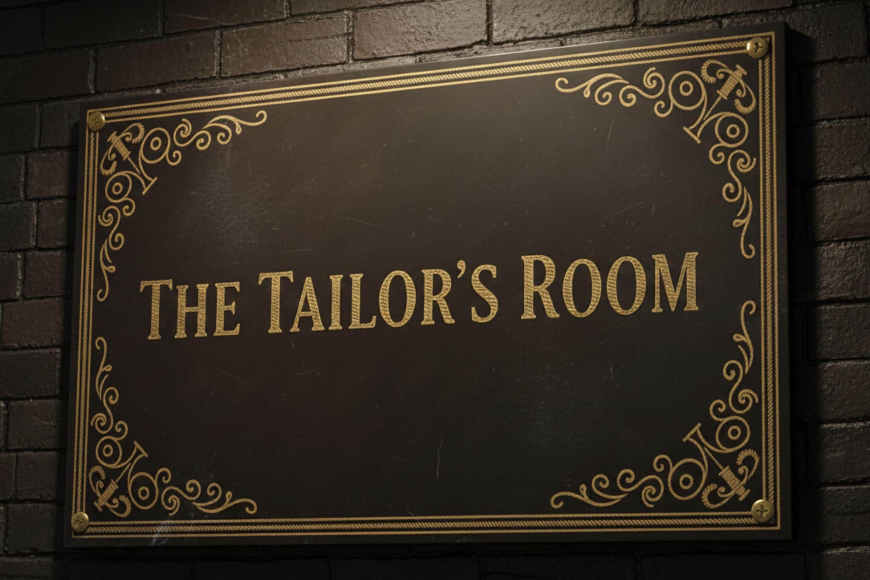 The Tailor's Room Metal Sign, Vintage Sewing Shop Decor, Luxurious Gold Thread Look Art