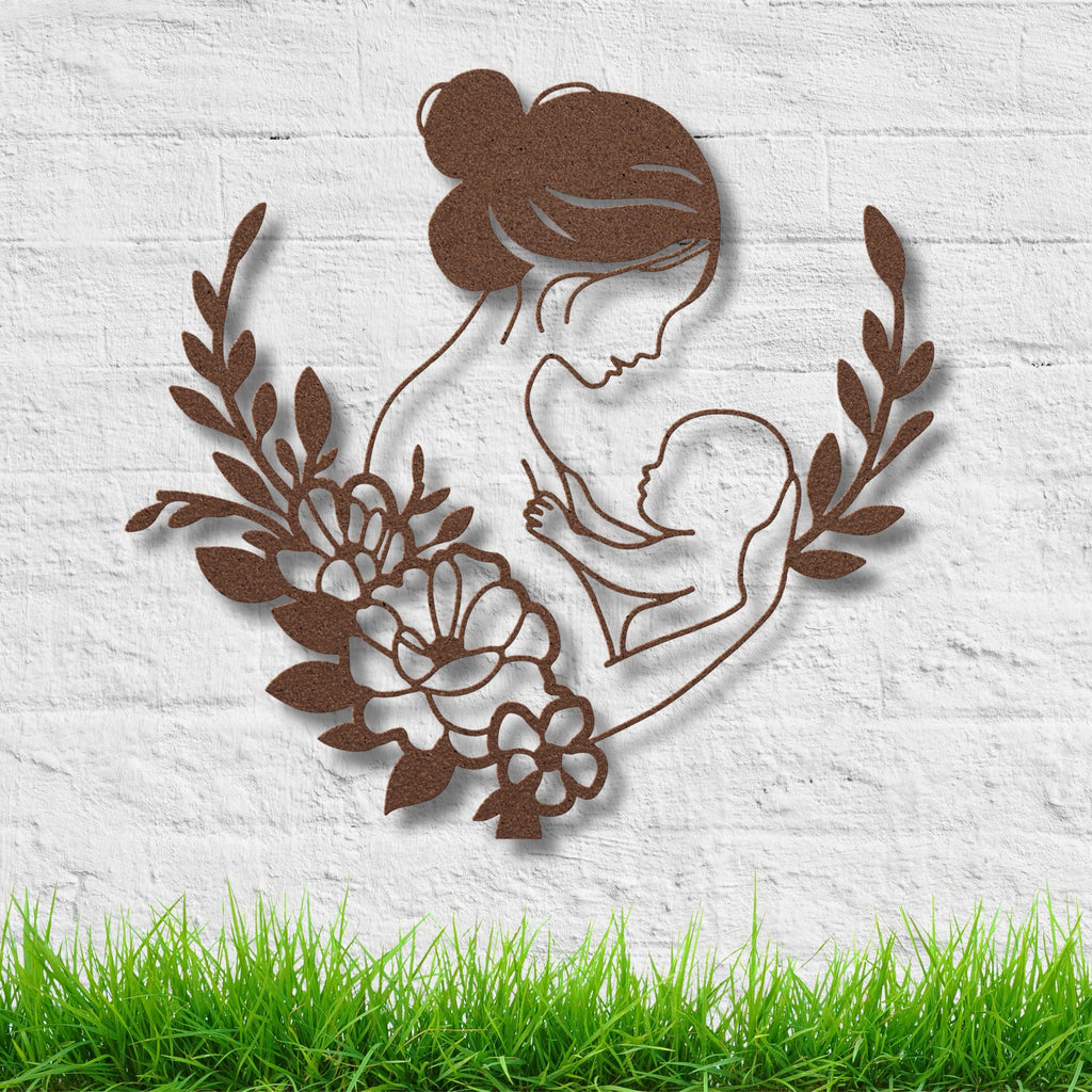 Mother Baby Metal Sign – Floral Die Cut Sign | Minimalist Metal Art Nursery Wall Decor