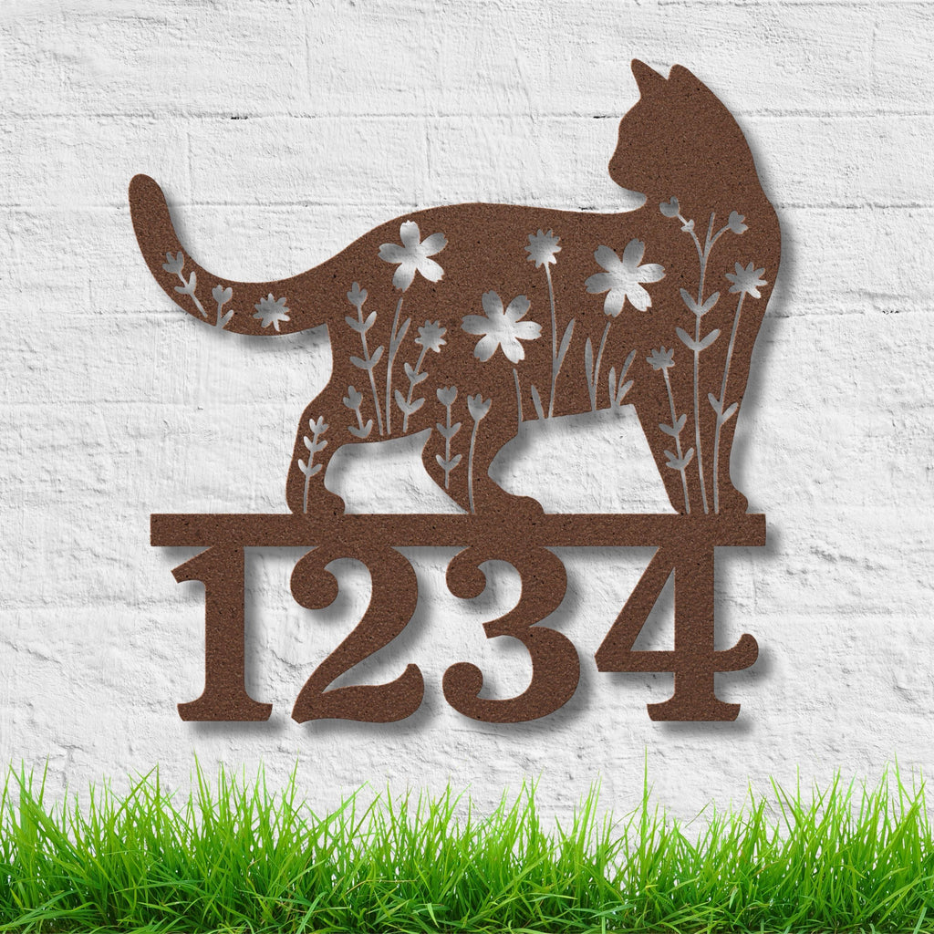 Floral Cat Address Sign: Custom Metal House Number Plaque