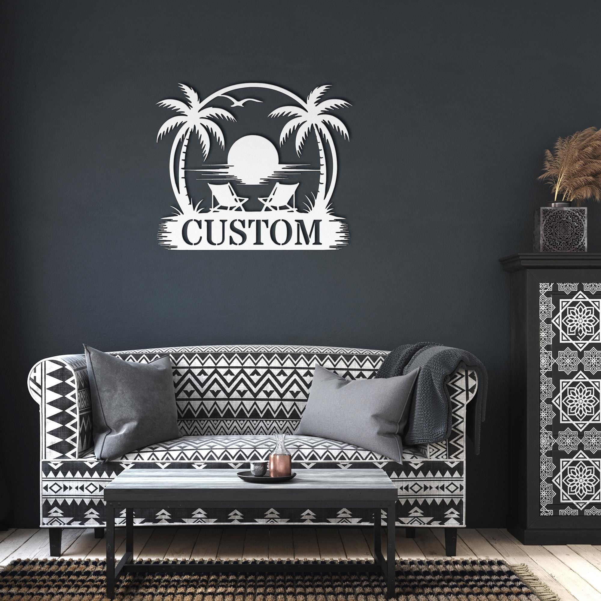 Personalized Beach House Sign - Custom Metal Plaque | Tropical Sunset Decor