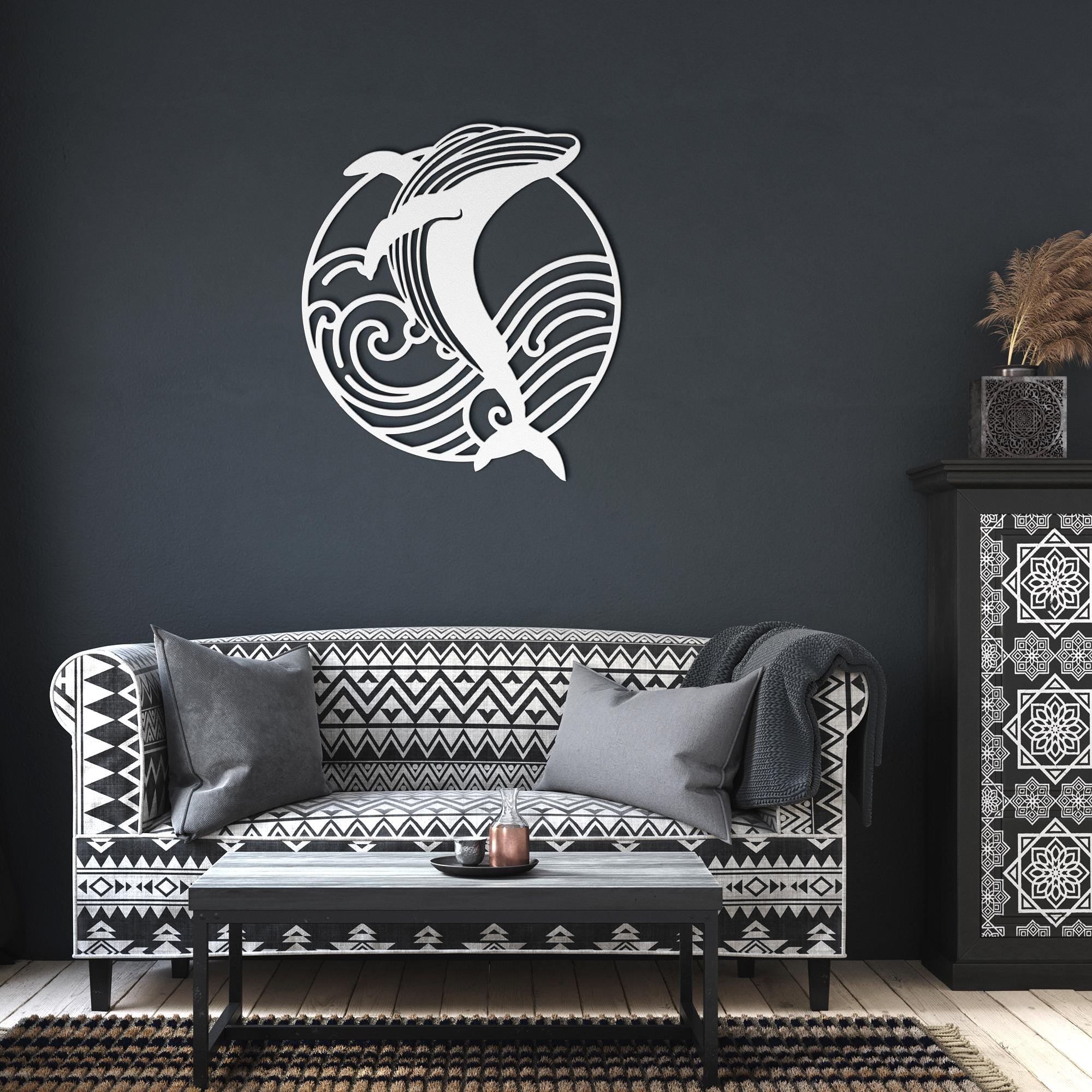 Whale Metal Wall Art: Modern Ocean Wave Steel Sign